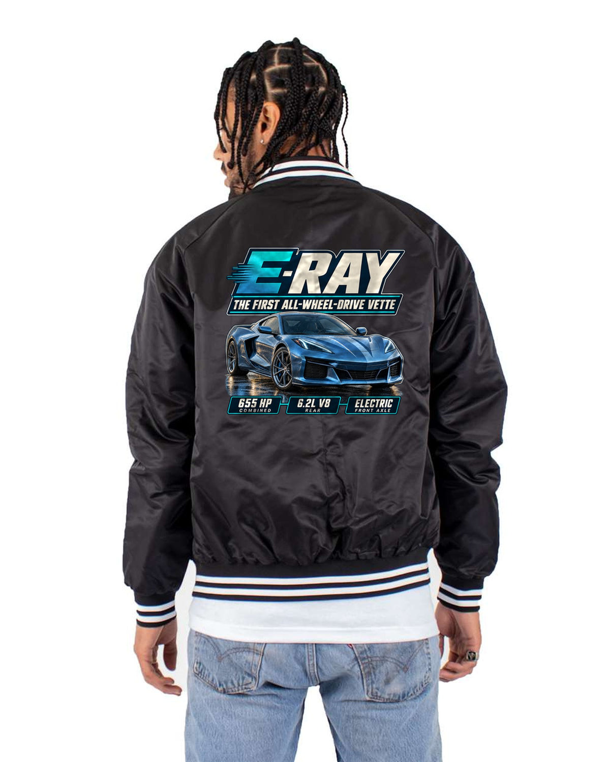 Chevrolet Corvette C8 E-Ray Editorial Headline Shirt, AWD Vette Bomber Jacket Black back