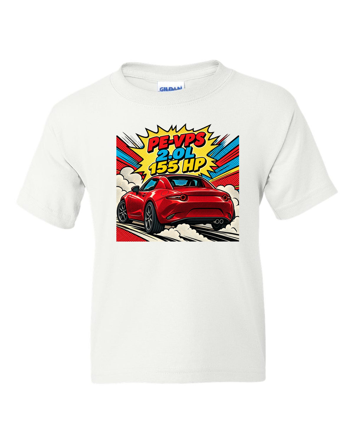 Comic halftone pop art Mazda MX-5 ND RF with PE-VPS 2.0L 155 HP spec line white kids tee front view with the design