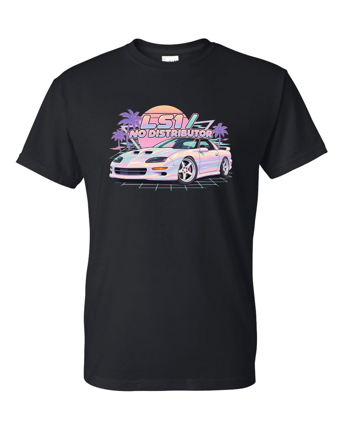 1998 Camaro SS fourth-generation on a pastel vaporwave grid with the text LS1 No Distributor black t-shirt front view with the design