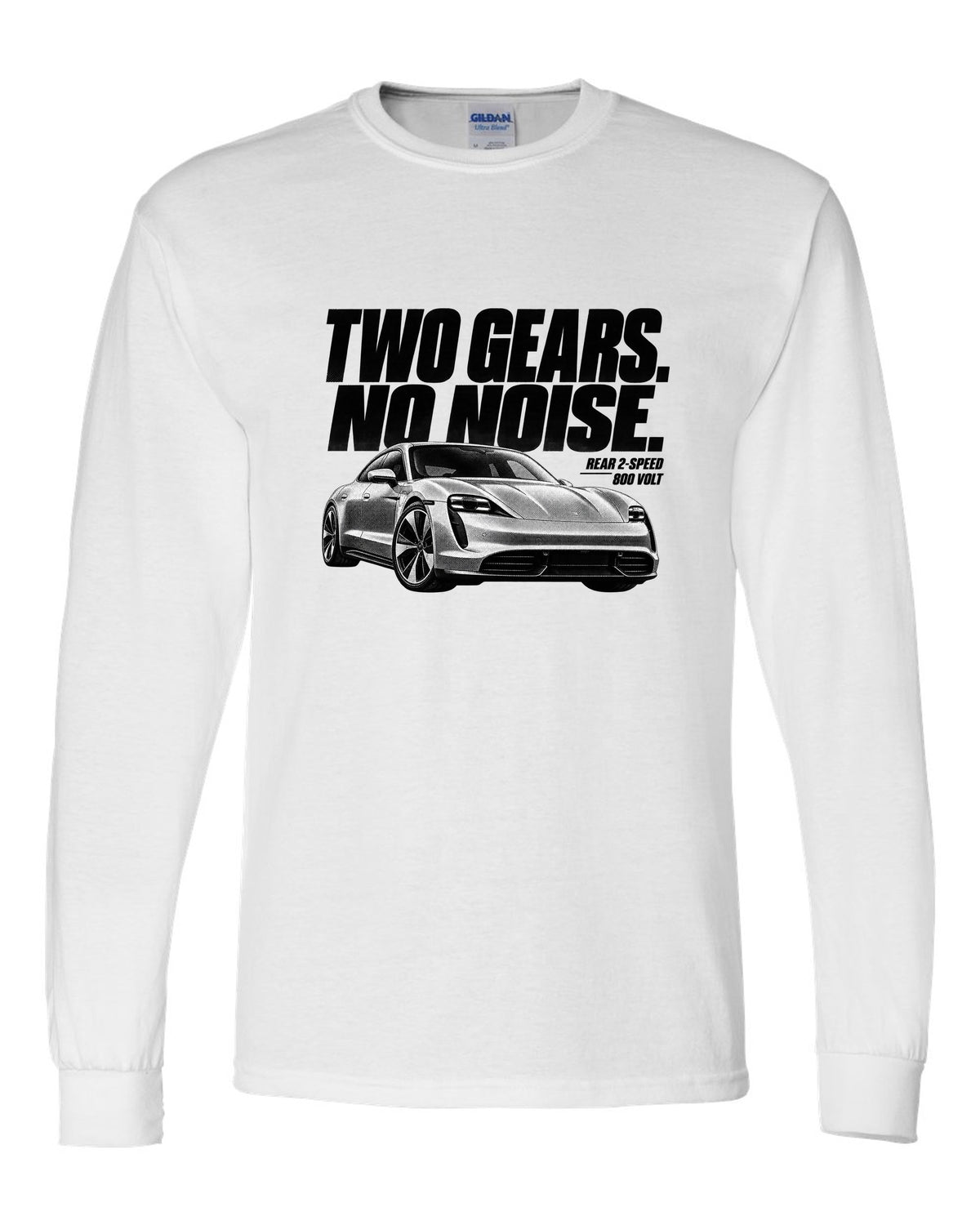 Halftone Porsche Taycan Turbo S 9J1 front three-quarter with two gears, no noise, rear 2-speed white long sleeve front view with the design