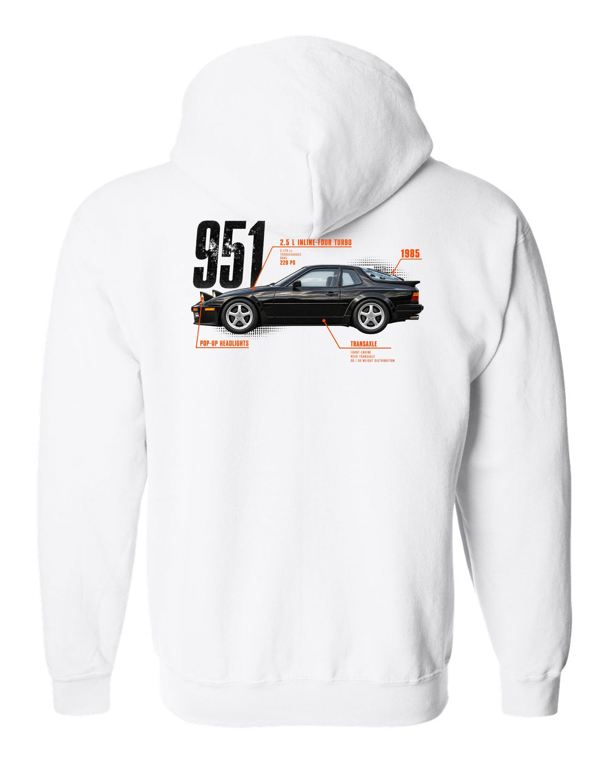 Spec poster print of a Porsche 944 Turbo 951 with 2.5 L turbo four, transaxle and pop-up headlights lettering white zip hoodie back view with the design
