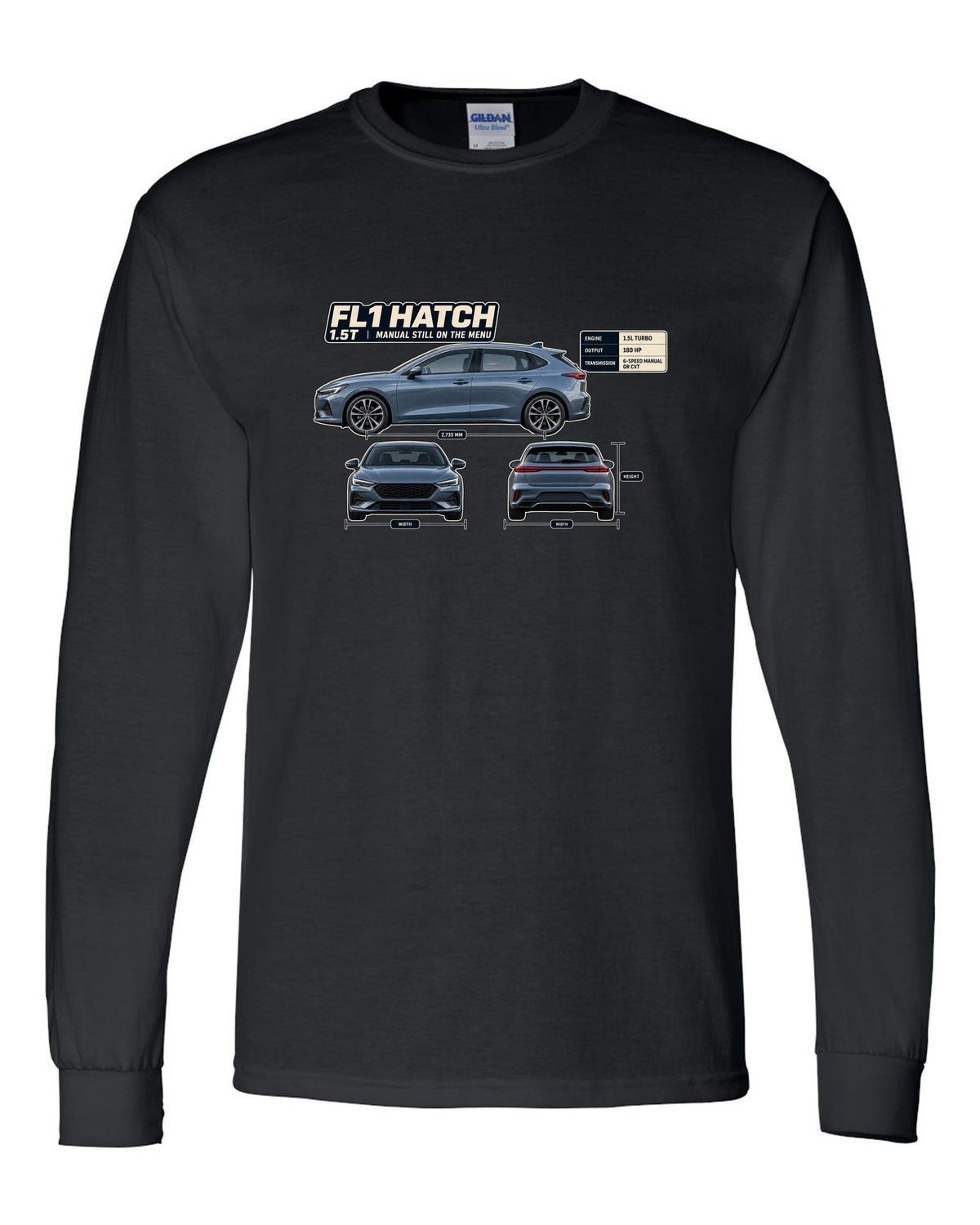Honda Civic chback FL1 three-view spec table print black long sleeve front view with the design