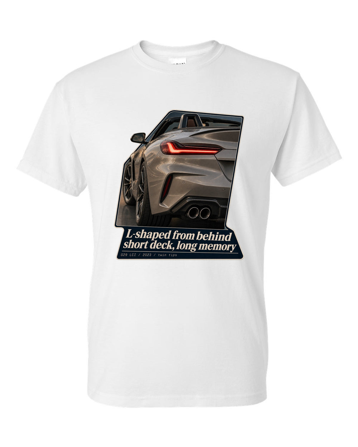Macro print of the L-shaped taillight on a 2023 BMW Z4 G29 LCI white t-shirt front view with the design