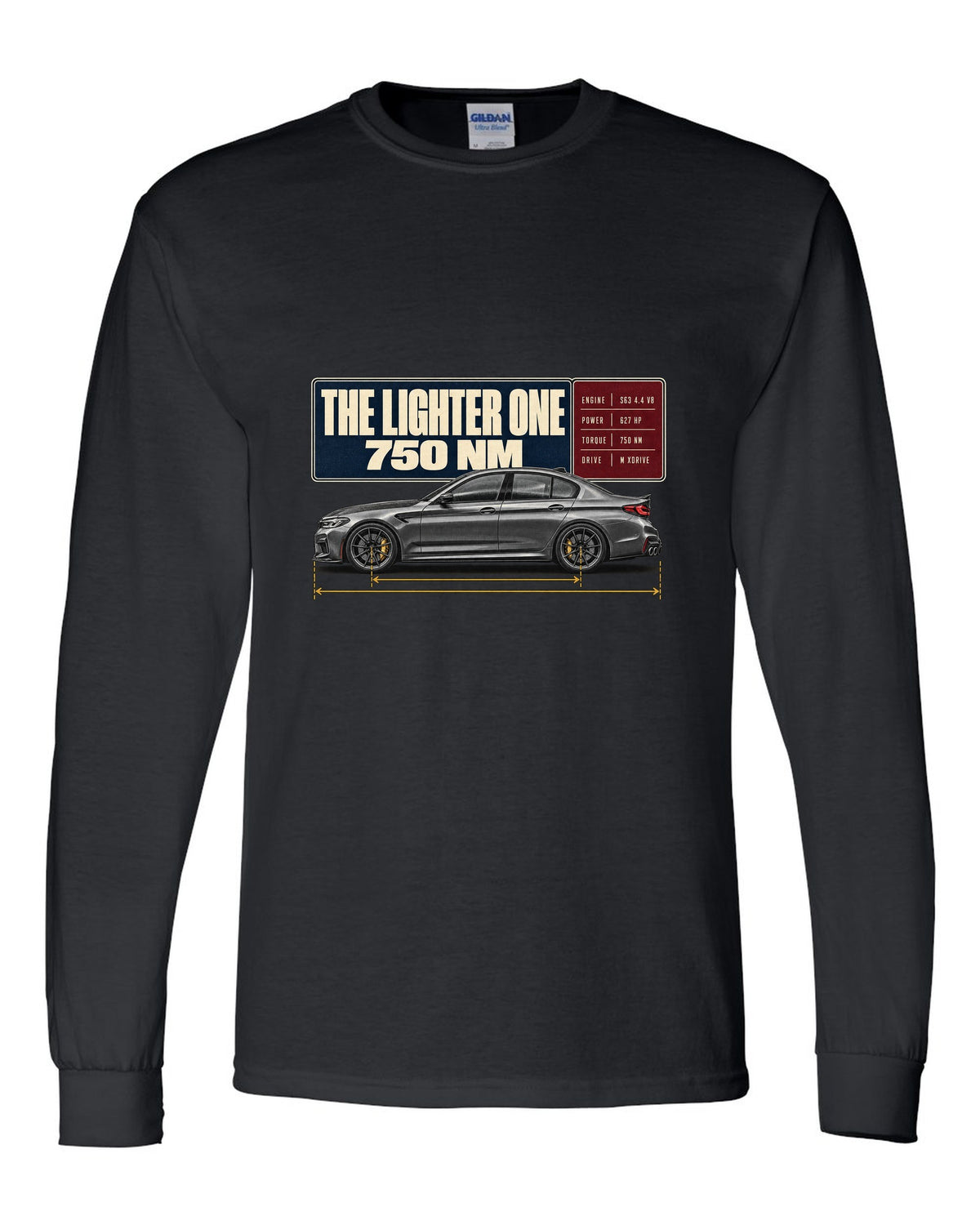 BMW M5 F90 CS spec poster print on a tee black long sleeve front view with the design