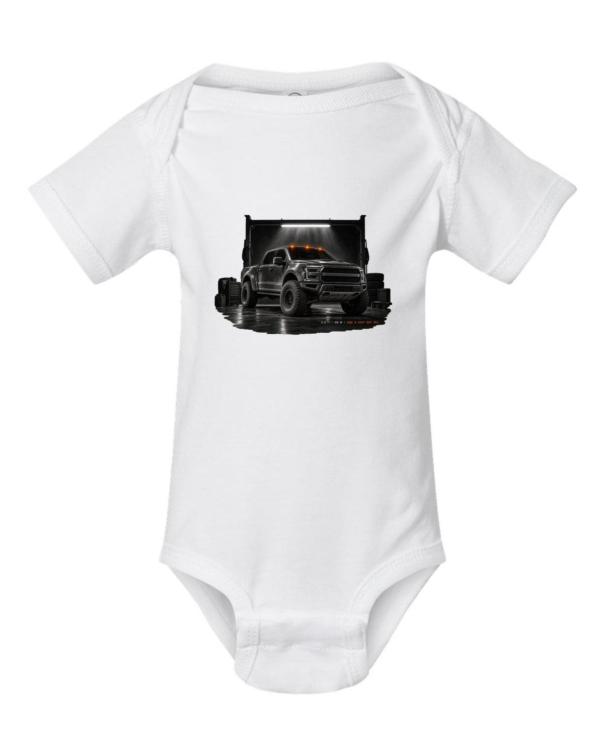 Ford Bronco Raptor 2022 U725 garage night print with 3.0 TT and 418 HP text white baby onesie front view with the design