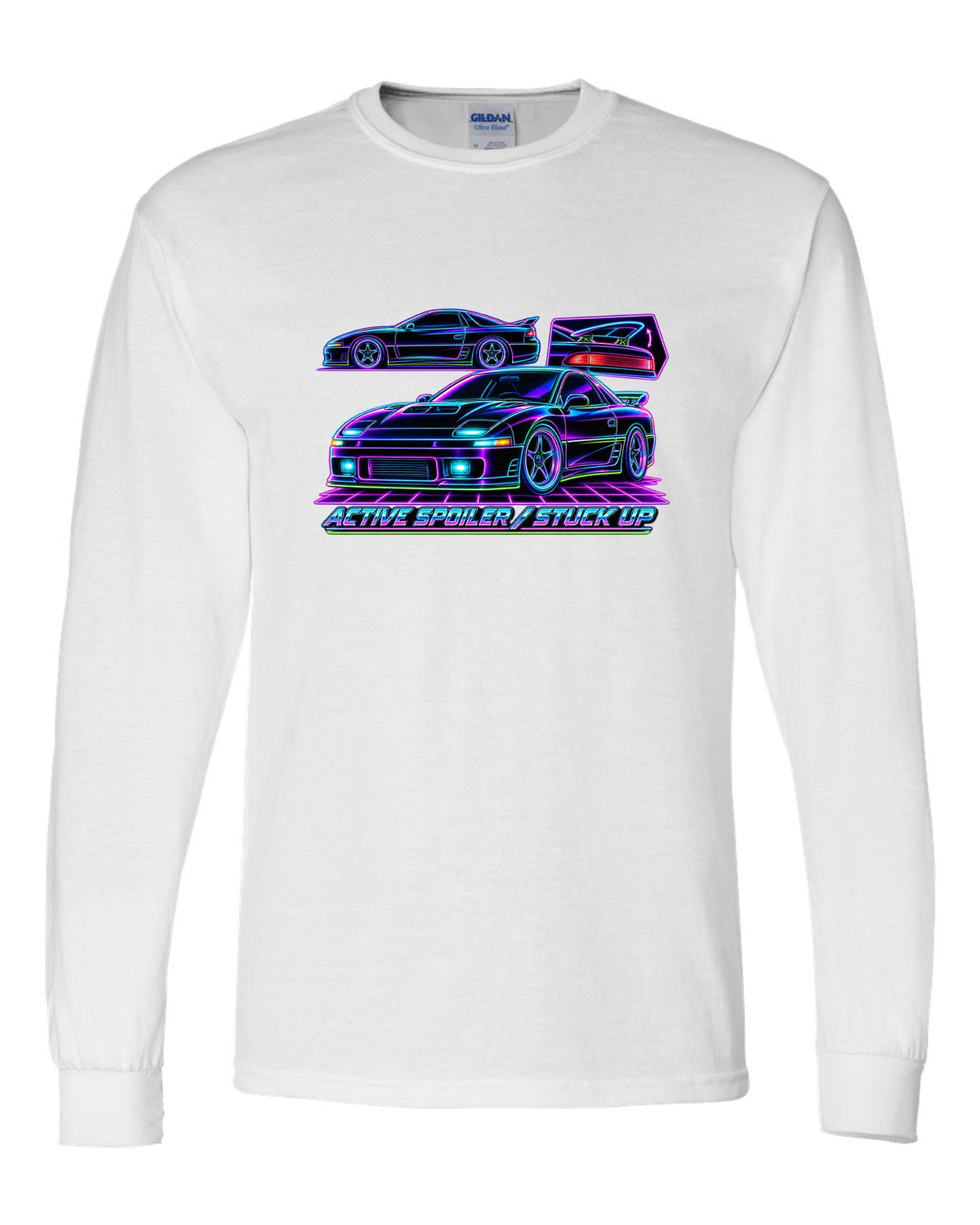 Neon wireframe outline print of the Mitsubishi 3000GT VR-4 with active spoiler stuck up text white long sleeve front view with the design