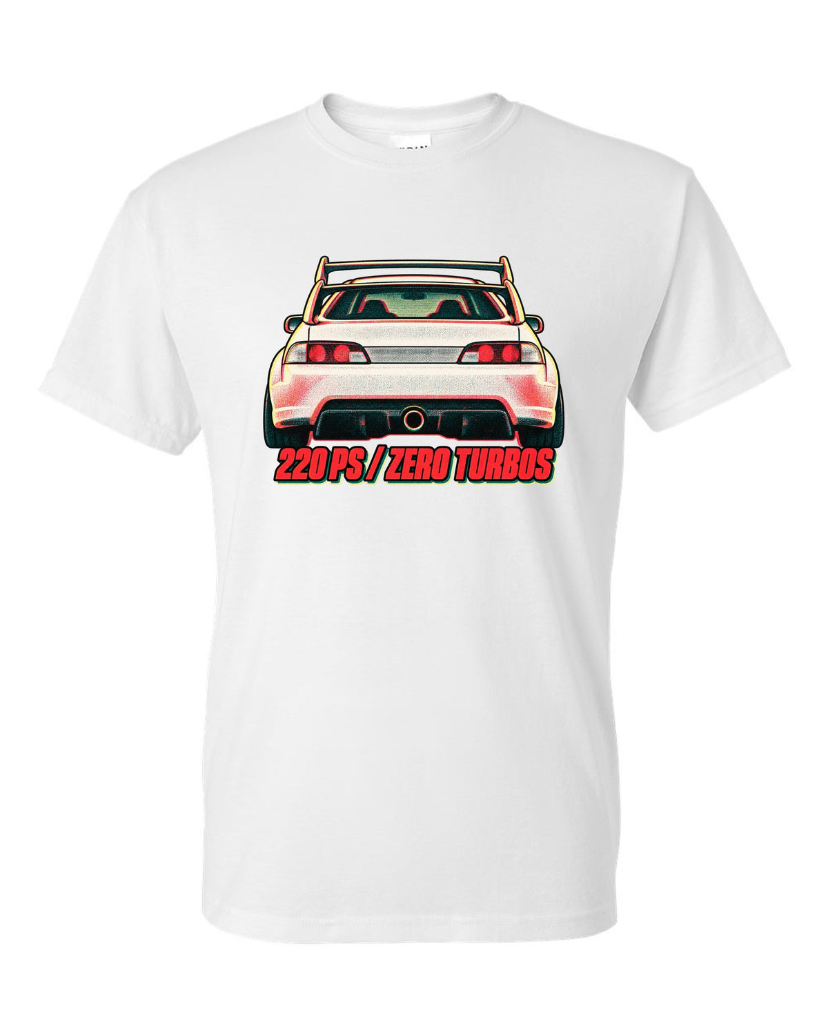 Risograph duotone print of a Honda Integra Type R DC5 with 220 PS zero turbos text white t-shirt front view with the design