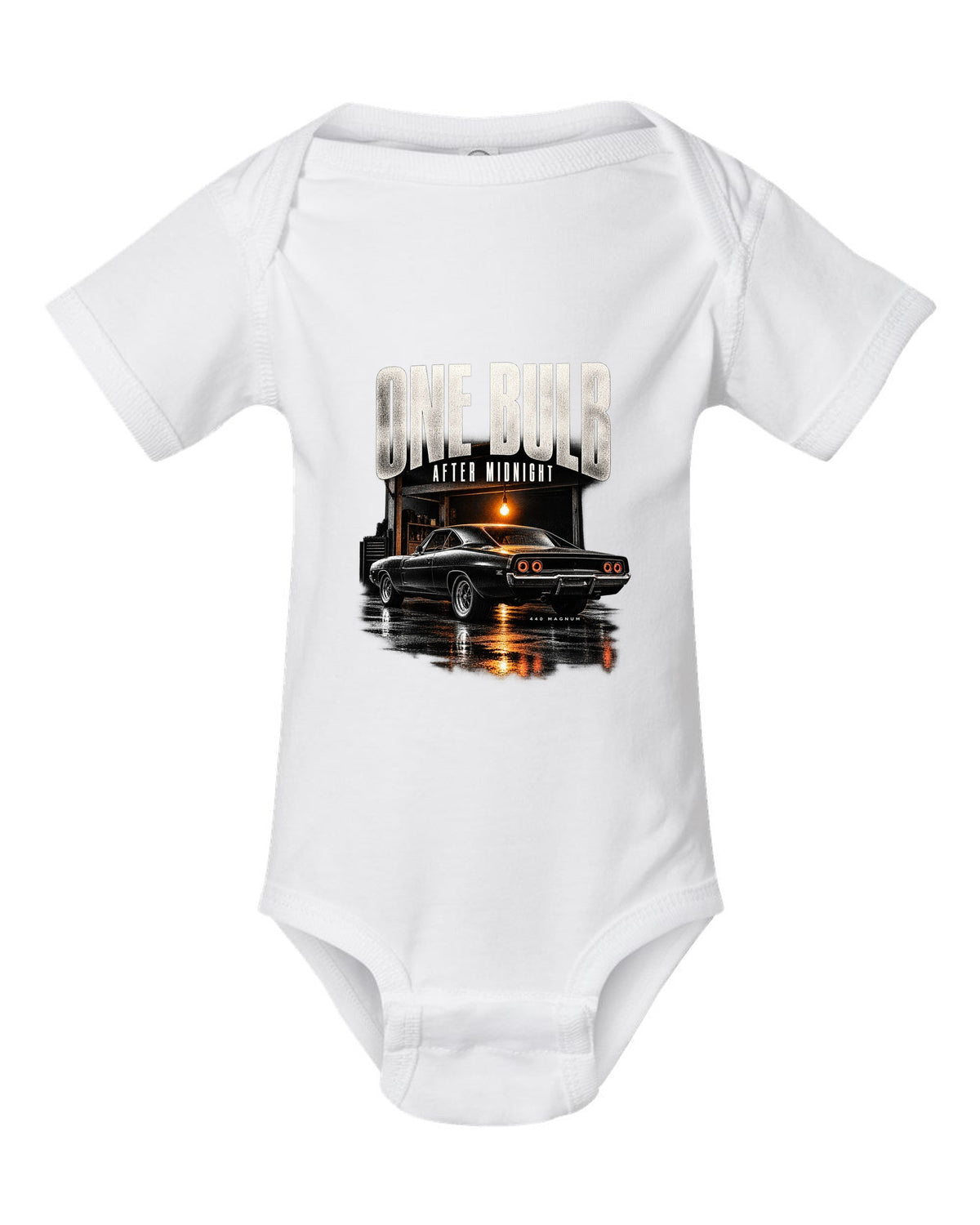 1969 Dodge Charger R/T B-body garage night print with one bulb after midnight lettering white baby onesie front view with the design