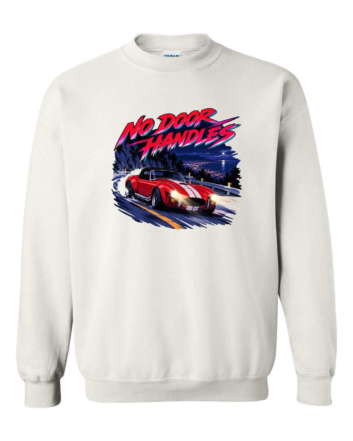 Cel-shaded anime night touge scene with a 1995 Dodge Viper RT/10 SR I and no door handles caption white crewneck front view with the design