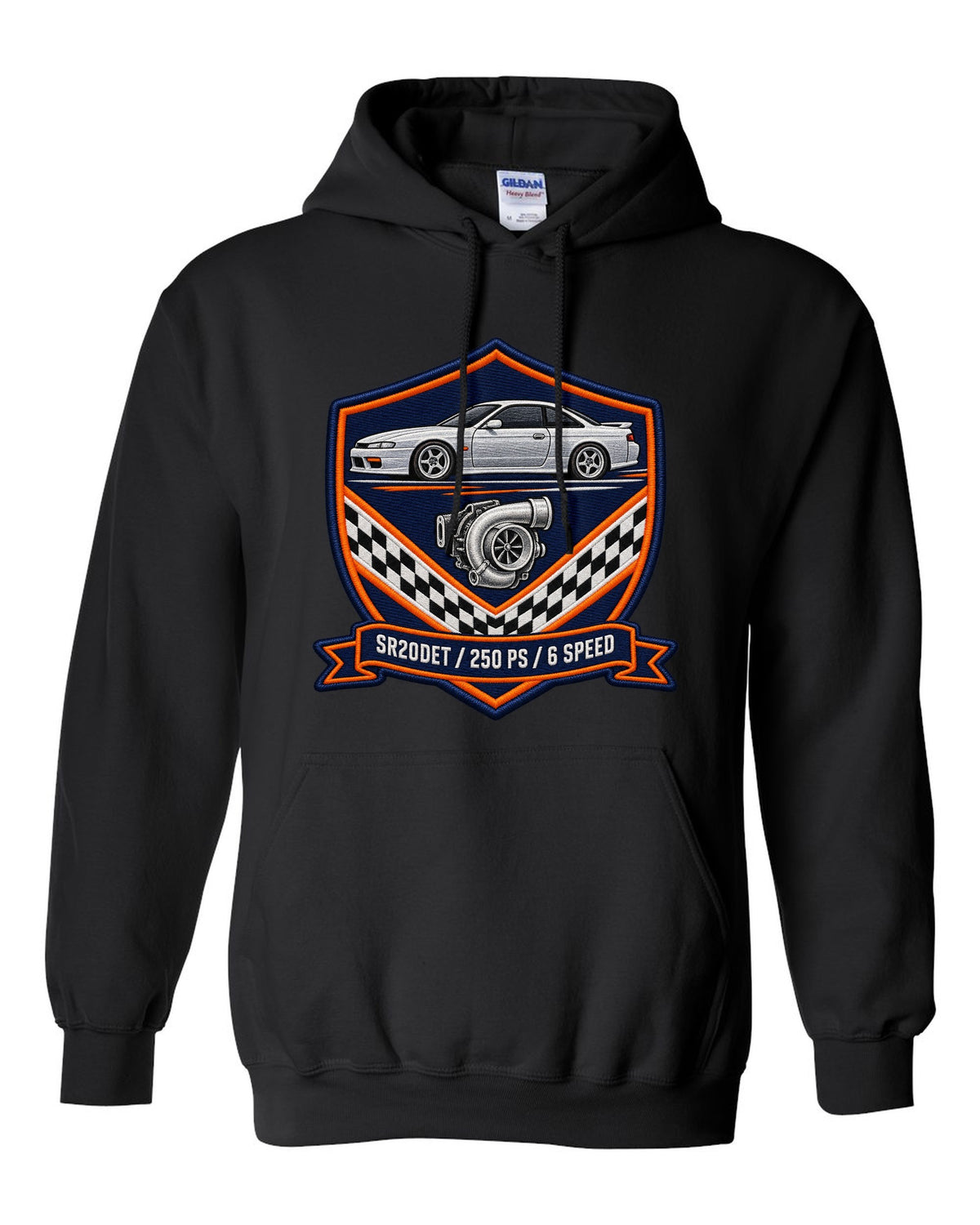 Embroidery-style shield crest print for the Nissan Silvia S15 with SR20DET 250 PS 6 speed lettering black pull over hoodie front view with the design