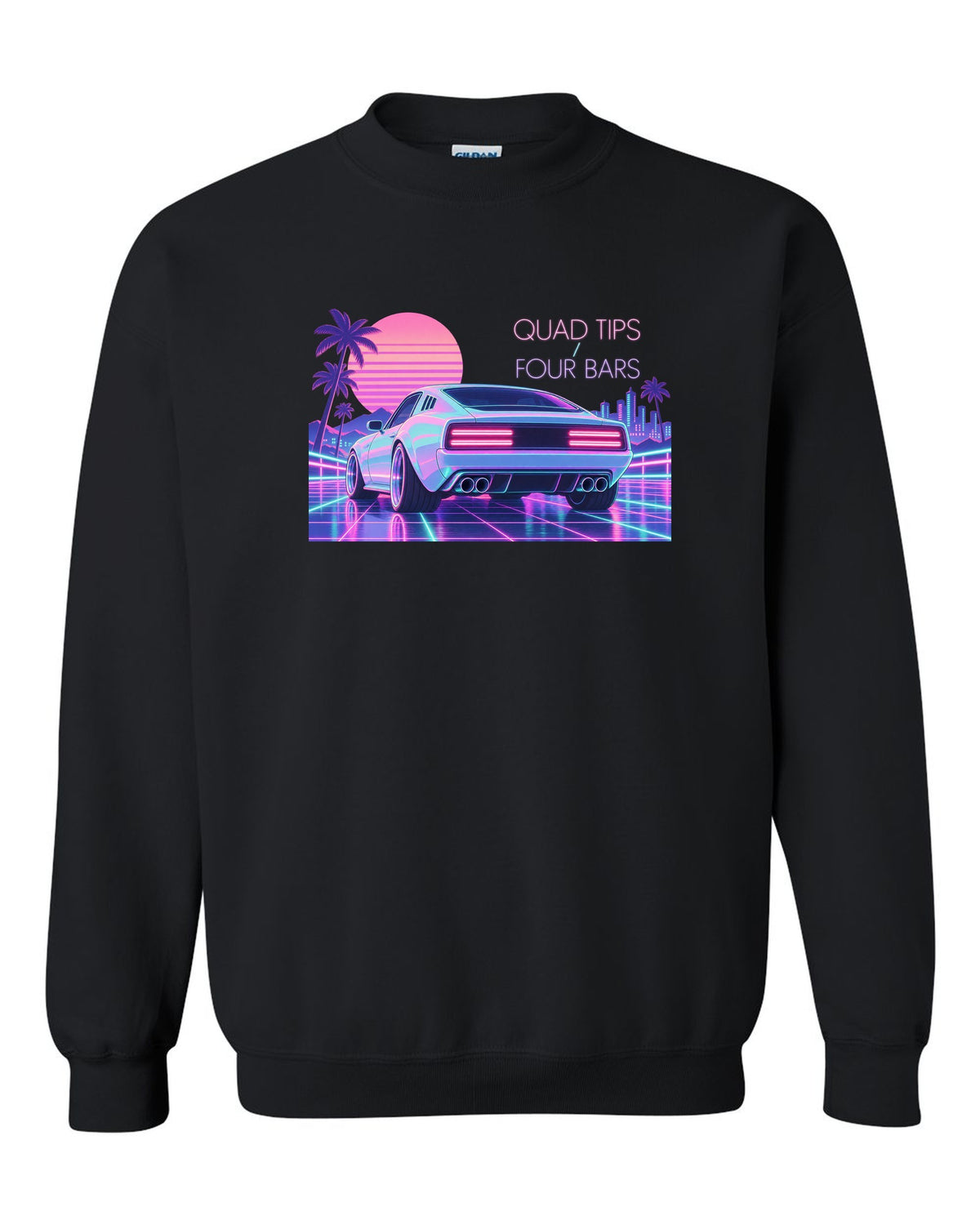 Kia Stinger GT CK vaporwave pastel rear view print with quad tips and four bars text black crewneck front view with the design