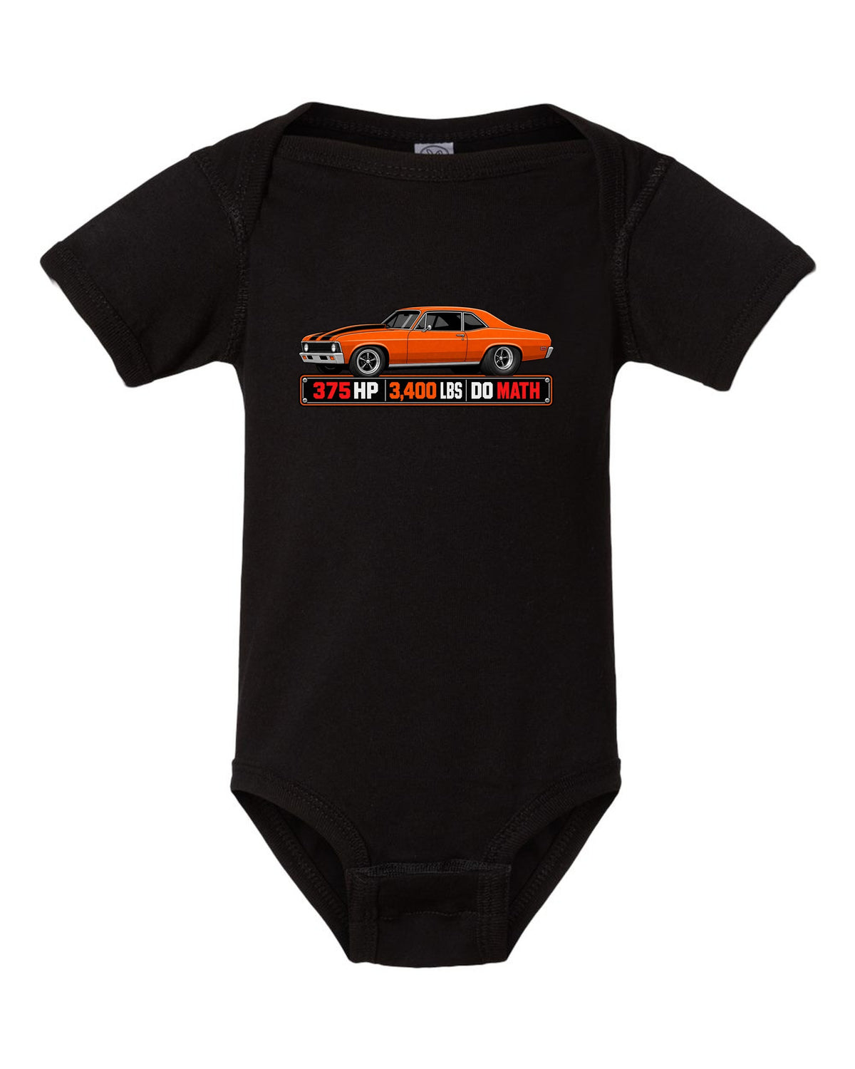 1970 Nova SS 396 in a spec sheet data plate design with text 375 HP 3,400 lbs Do Math black baby onesie front view with the design