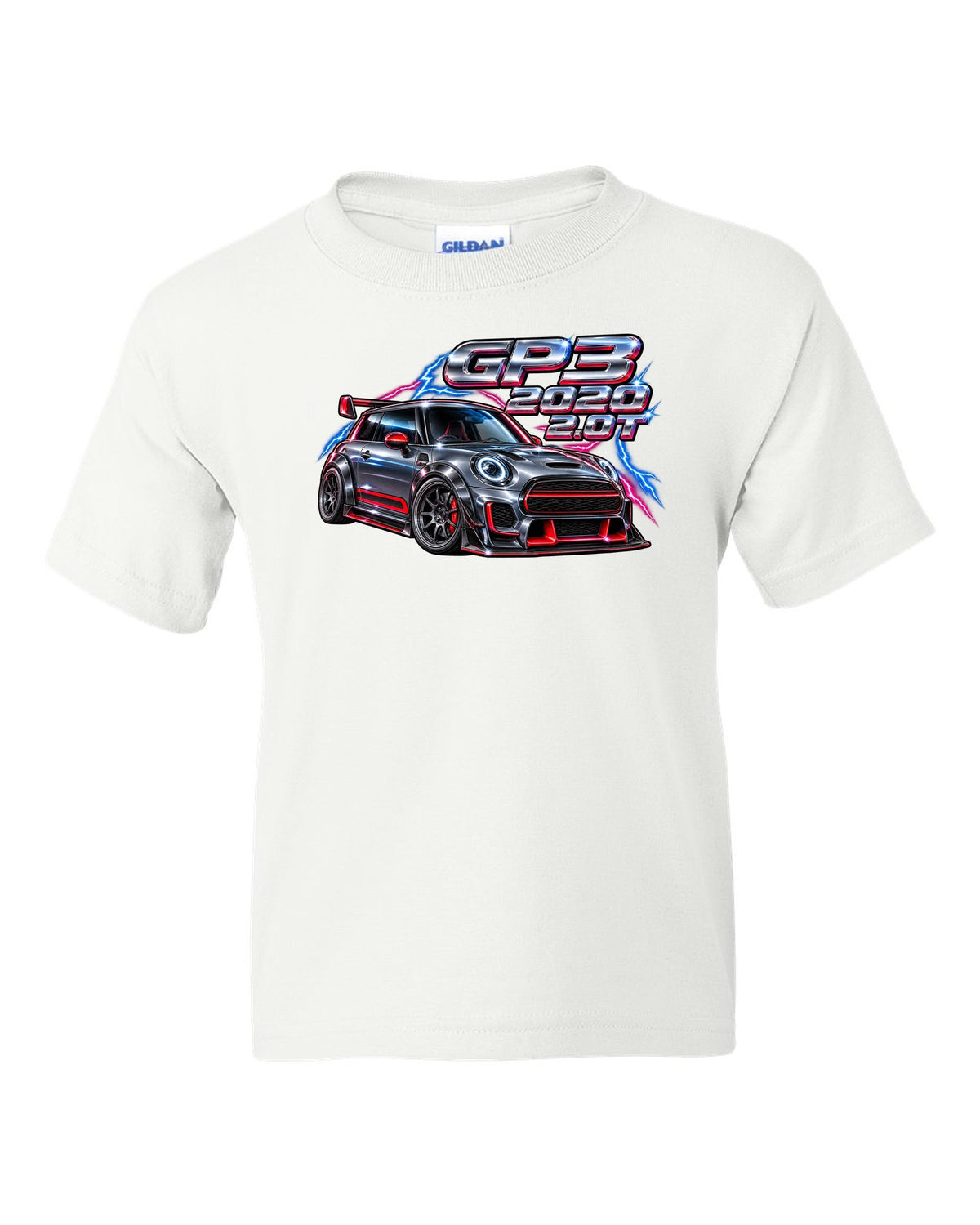 80s airbrush chrome artwork of the Mini JCW GP F56 GP3 white kids tee front view with the design
