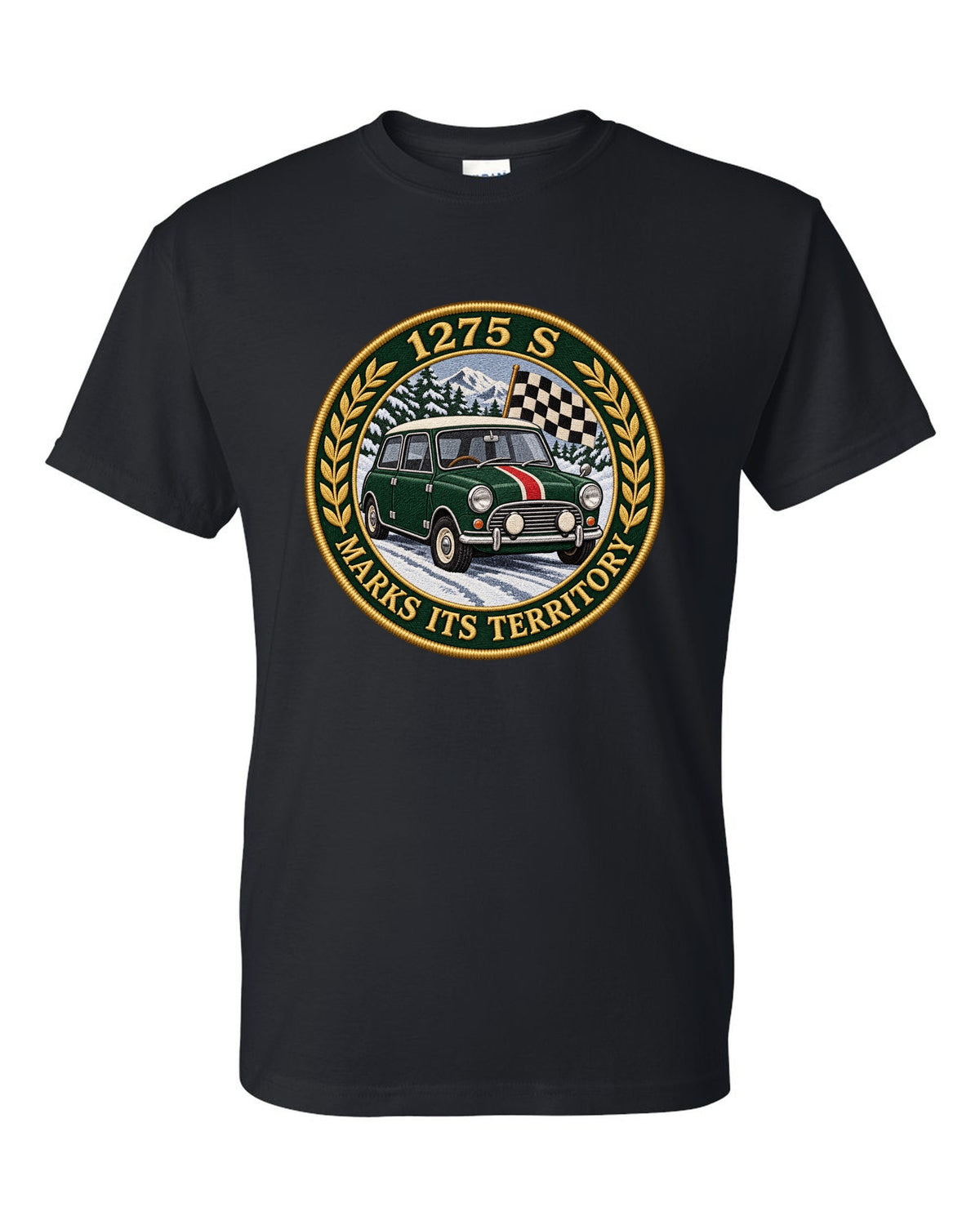 Embroidery style varsity crest for a Mini Cooper S Mk1 with 1275 S marks its territory black t-shirt front view with the design