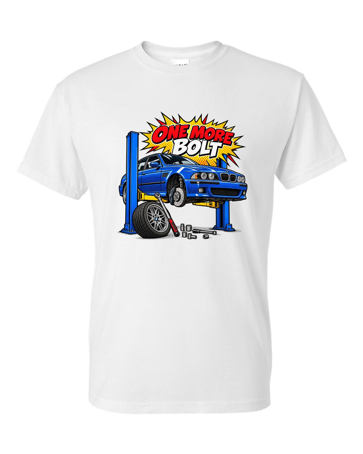 Ukiyo-e woodblock wave print of a BMW M5 E39 with S62 4.9 V8 text white t-shirt front view with the design