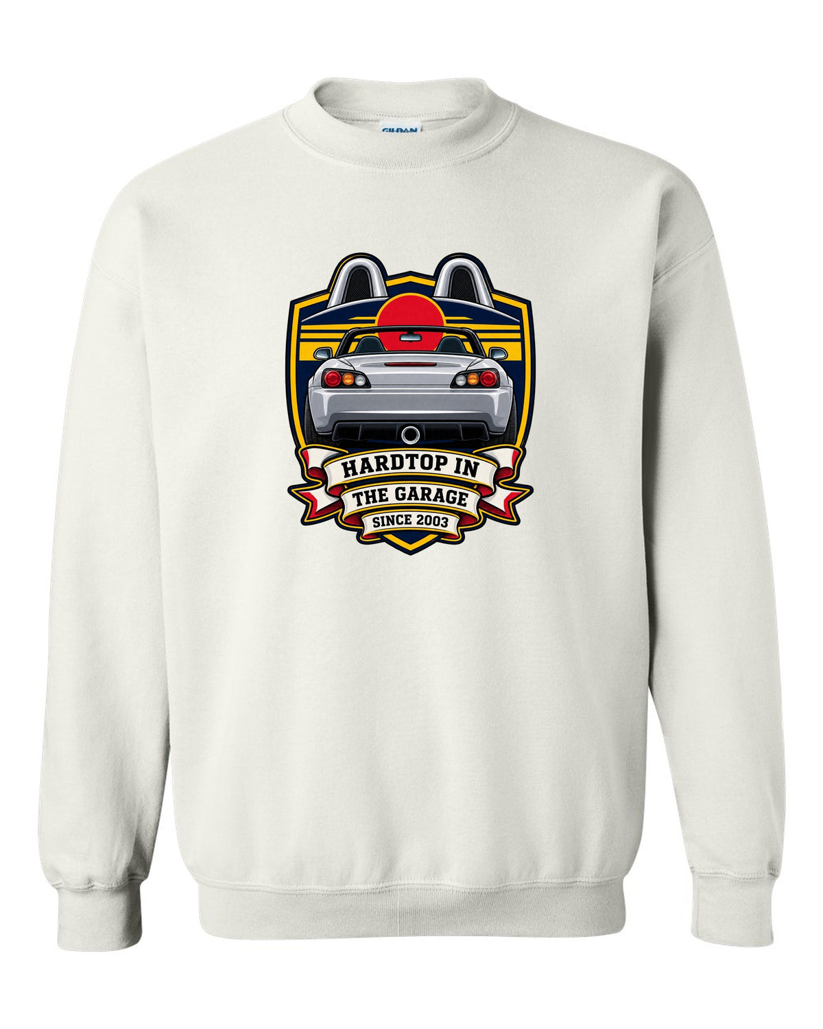Embroidery patch style print of a 1999 Honda S2000 AP1 roadster with hardtop in the garage text white crewneck front view with the design