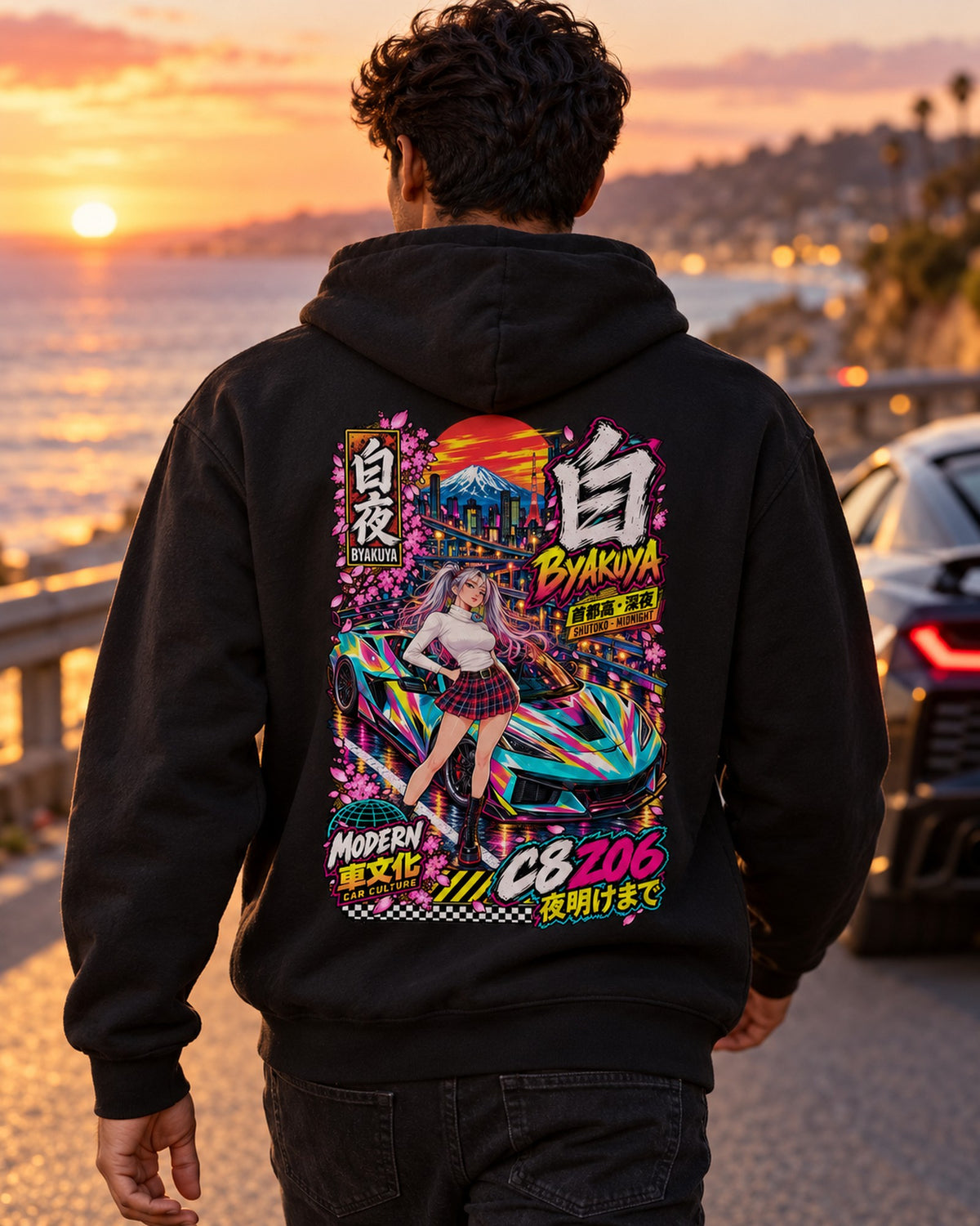 BYAKUYA C8 Z06 Anime Girl Full-Back Graphic Tee Pull Over Hoodie Black worn hero