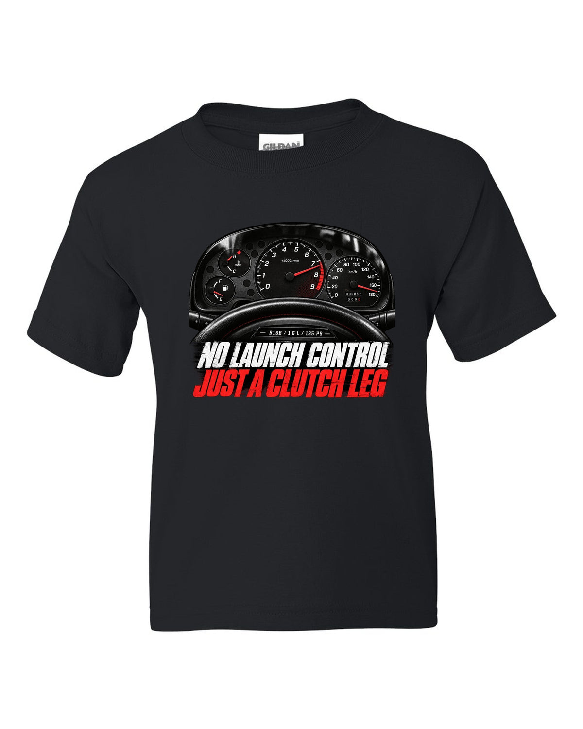 Cockpit gauge print of a 1997 Honda Civic EK9 chback with clutch leg text black kids tee front view with the design