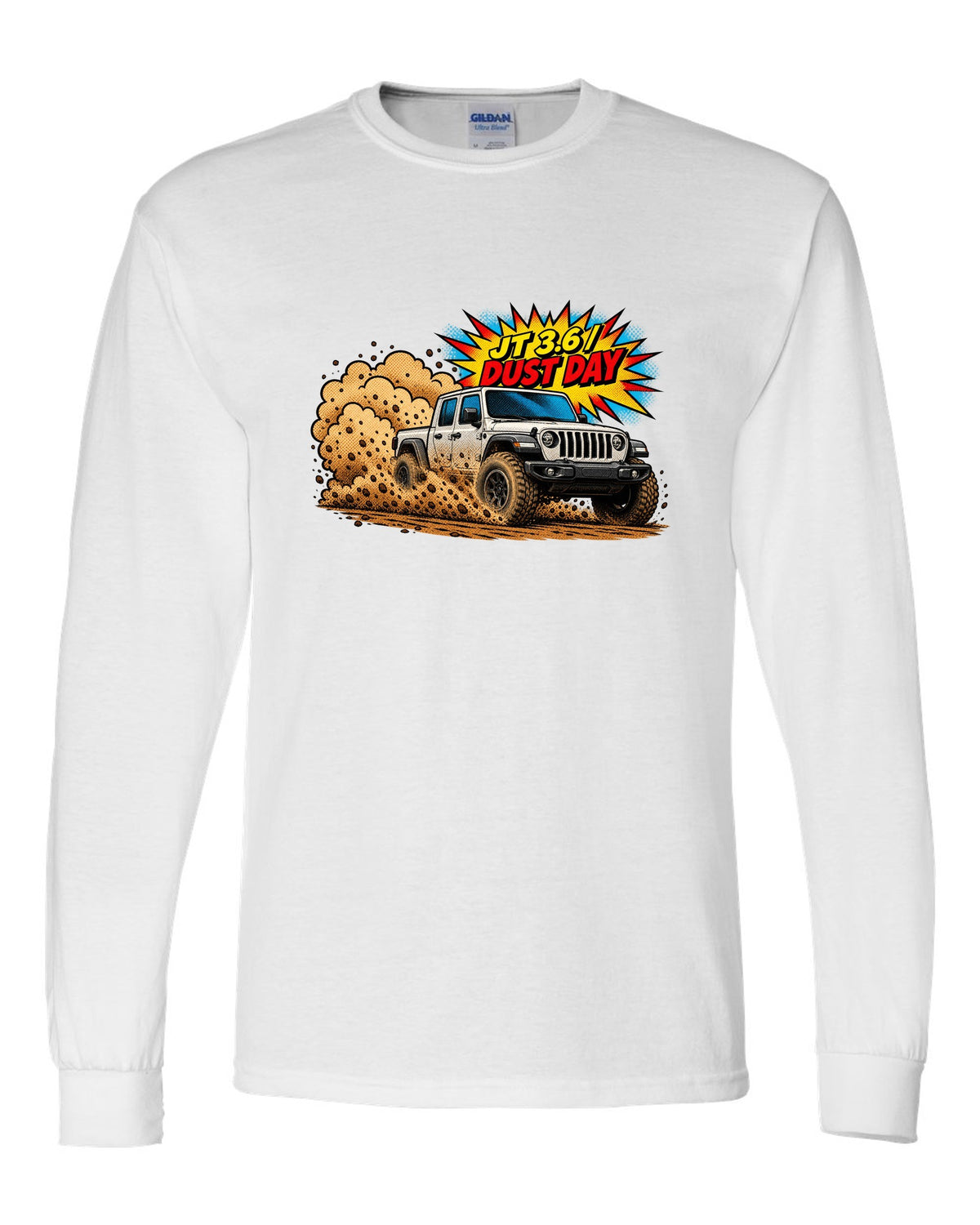 Jeep Gladiator JT mid-burnout in comic halftone pop art with JT 3.6 dust day text white long sleeve front view with the design