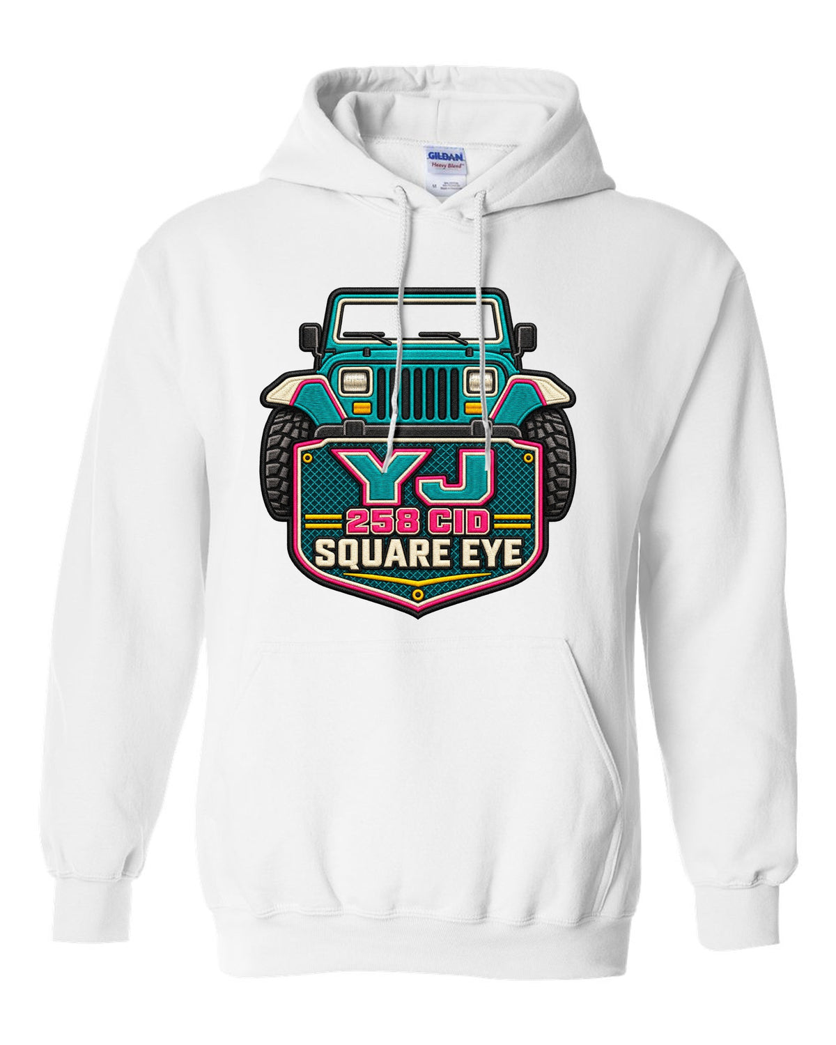 Embroidery-style varsity crest print of a Jeep Wrangler YJ with square eye text white pull over hoodie front view with the design