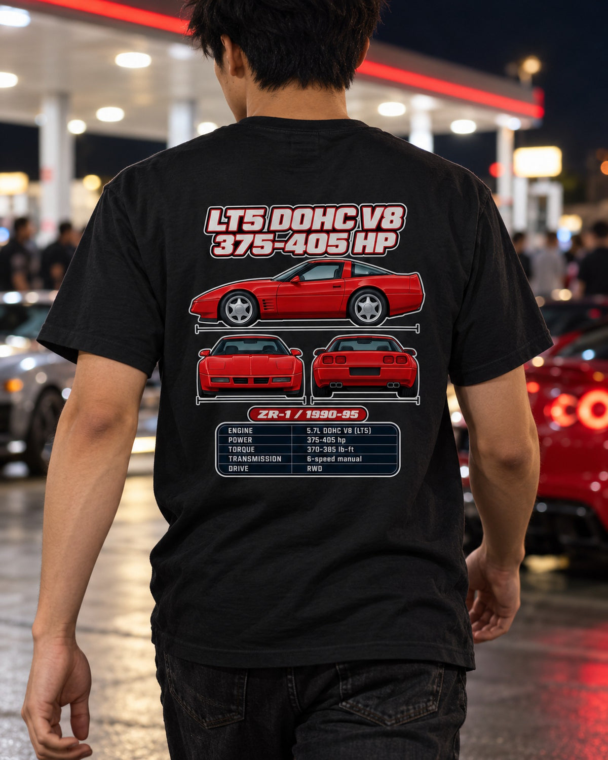 Chevrolet Corvette C4 Zr1 Spec Sheet Full-Back Graphic Tee T-Shirt Black worn hero