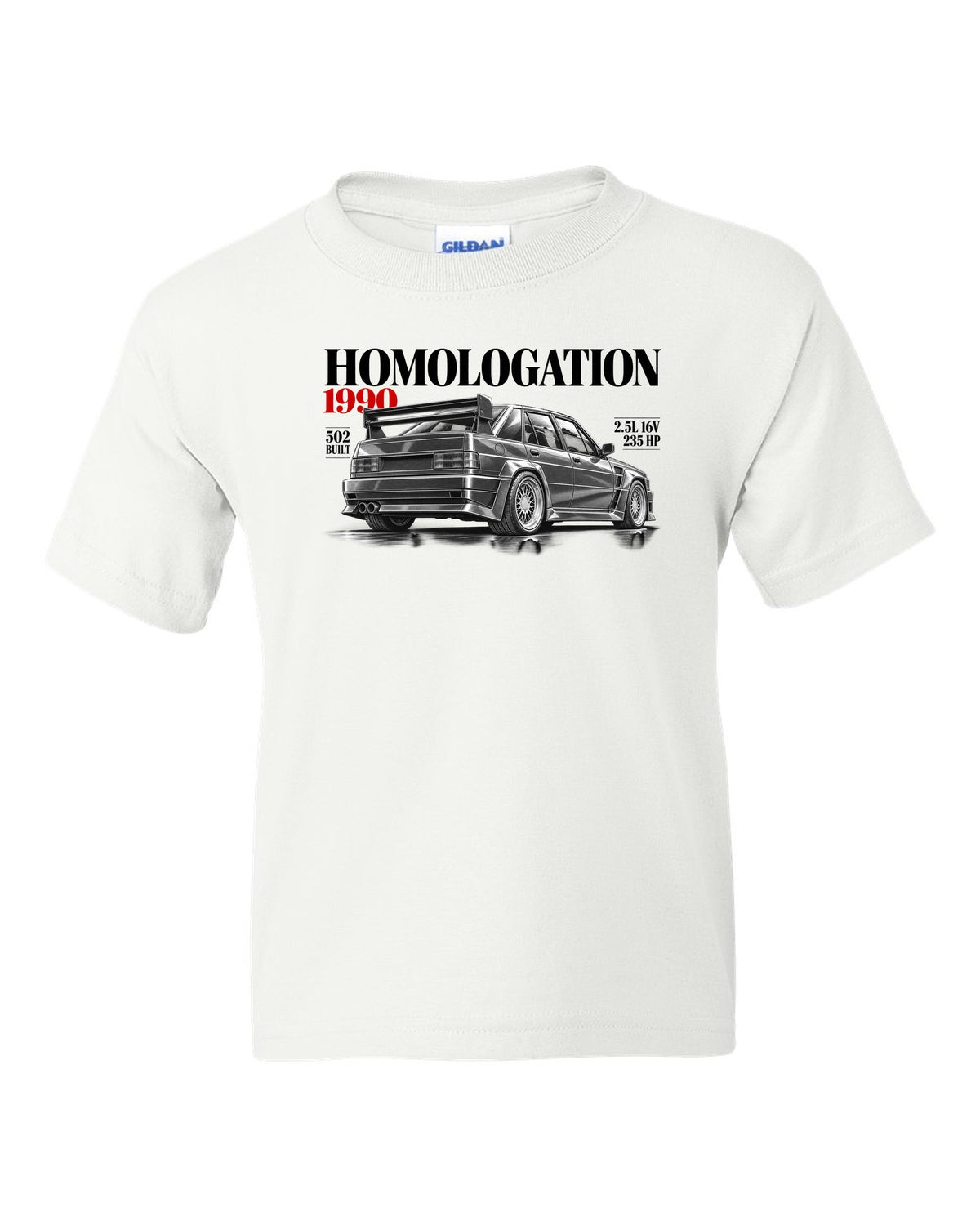 print editorial headline of a Mercedes 190E 2.5-16 Evolution II W201 with homologation 1990 502 built white kids tee front view with the design