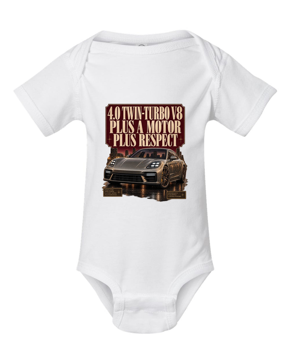 Editorial headline print of a low front three-quarter Porsche Panamera Turbo S E-Hybrid G3 at dusk white baby onesie front view with the design