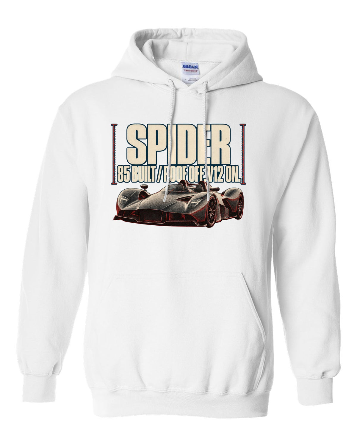 Aston Martin Valkyrie Spider 2022 halftone print with 85 built and roof off V12 on text white pull over hoodie front view with the design