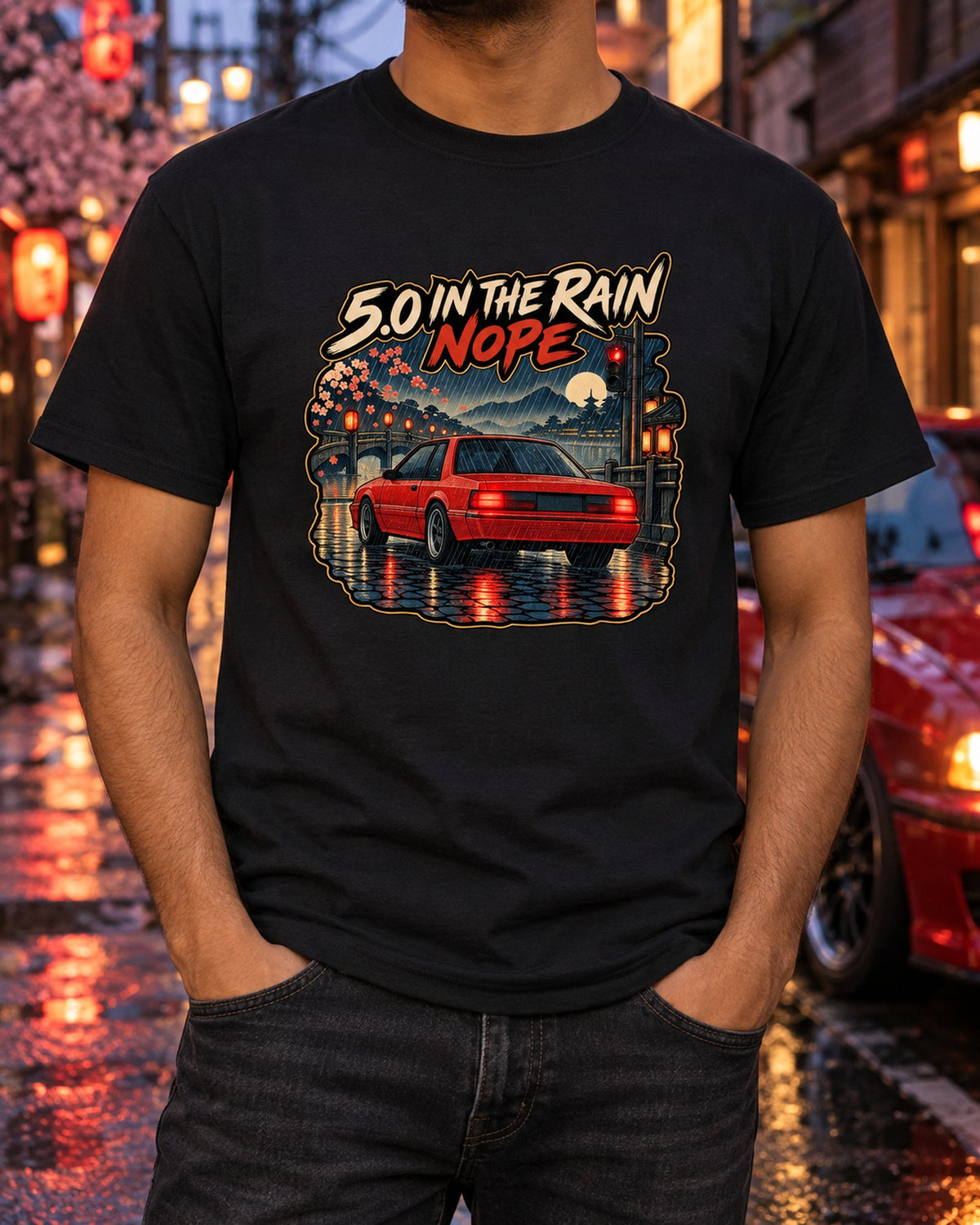 Ford Mustang Fox Body Notchback Woodblock Rain Print Tee T-Shirt Black worn hero
