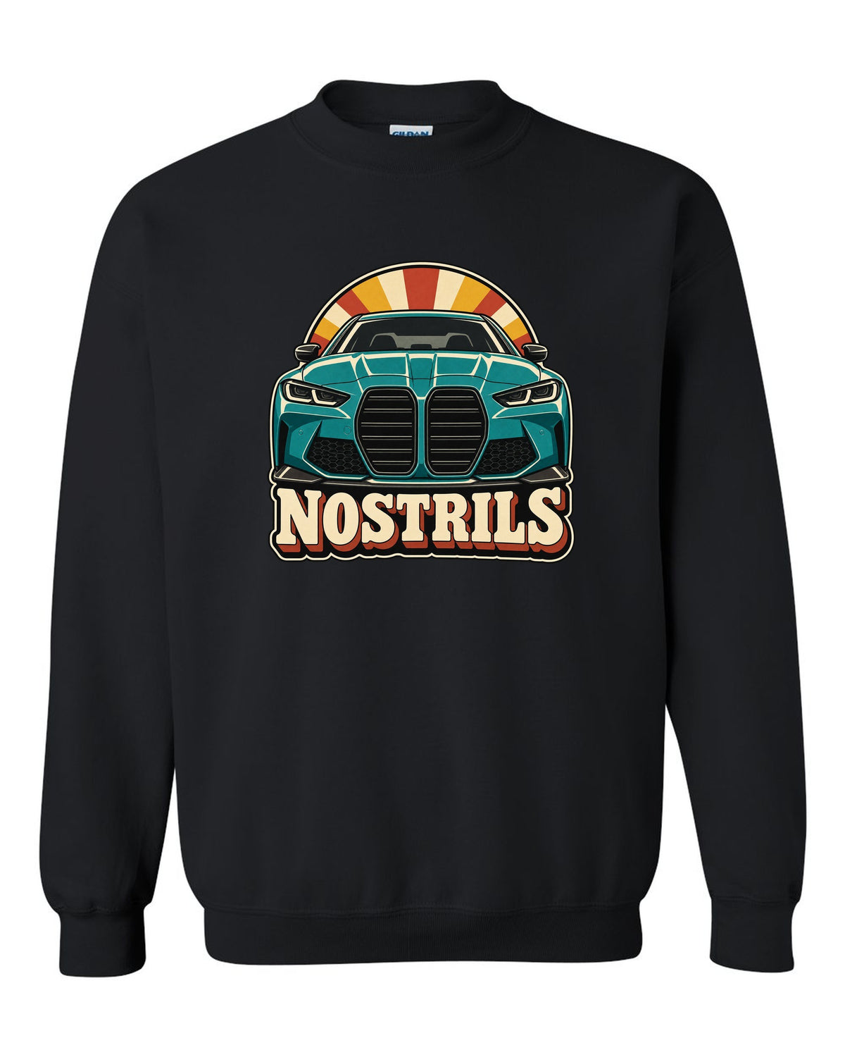 BMW G80 M3 retro catalogue ad style print with Nostrils text black crewneck front view with the design