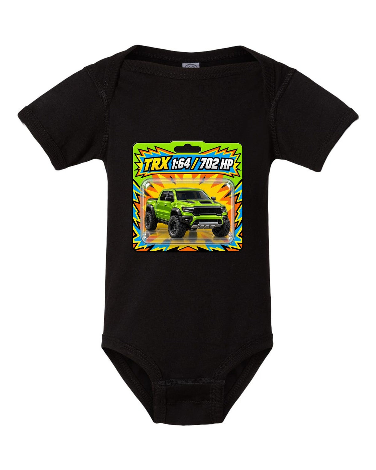 print of a 1:64 toy blister card featuring the Ram 1500 TRX with 702 HP black baby onesie front view with the design