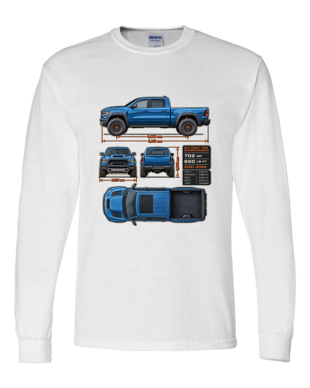 Ram 1500 TRX 2021-2024 dimension blueprint plate print white long sleeve front view with the design