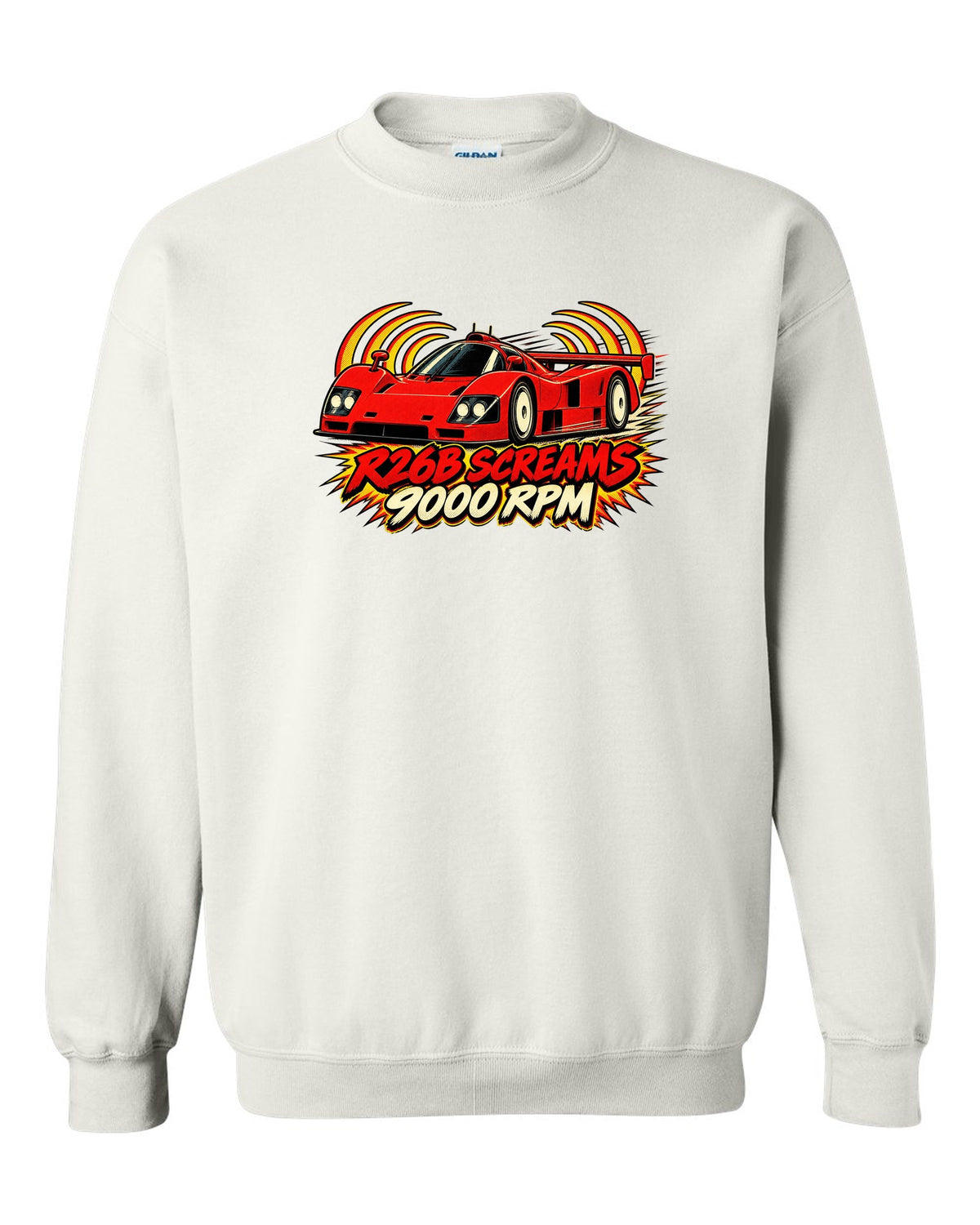 Embroidery-style varsity crest for the Mazda 787B with 787B / 2.6 L / 4 ROTOR lettering white crewneck front view with the design