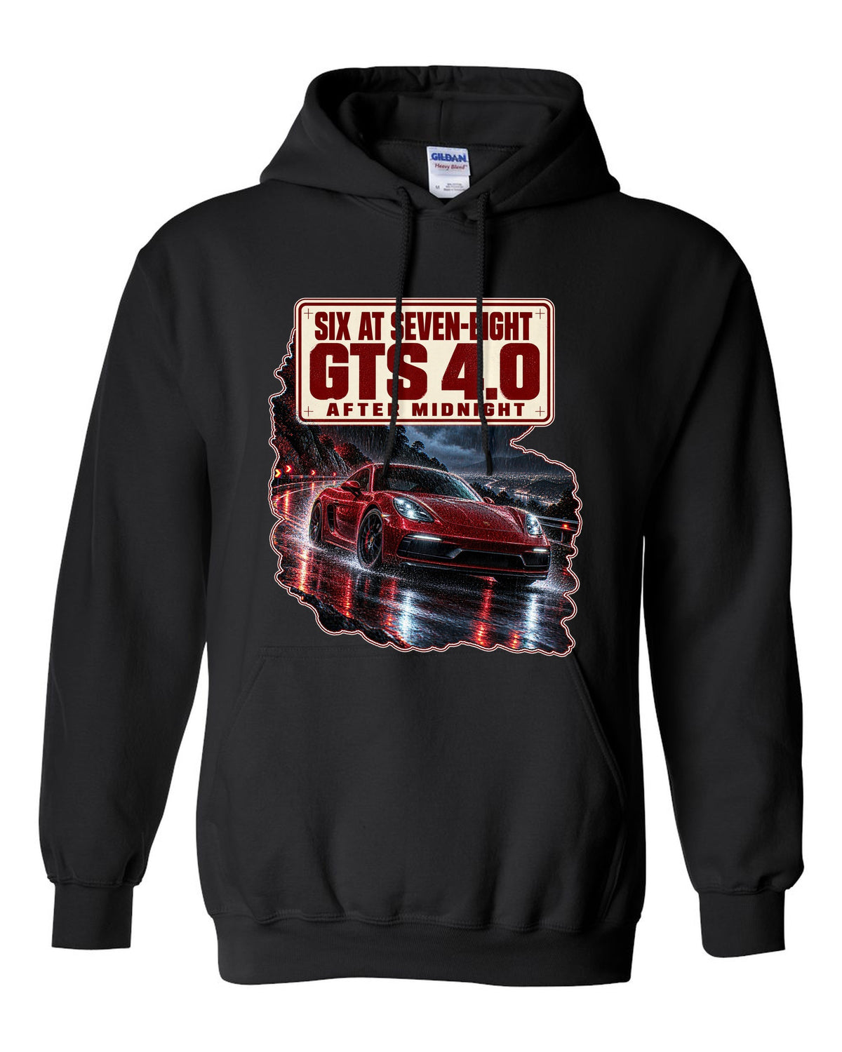 Night street print of a Porsche 718 Cayman GTS 4.0 982 with six at seven-eight text black pull over hoodie front view with the design