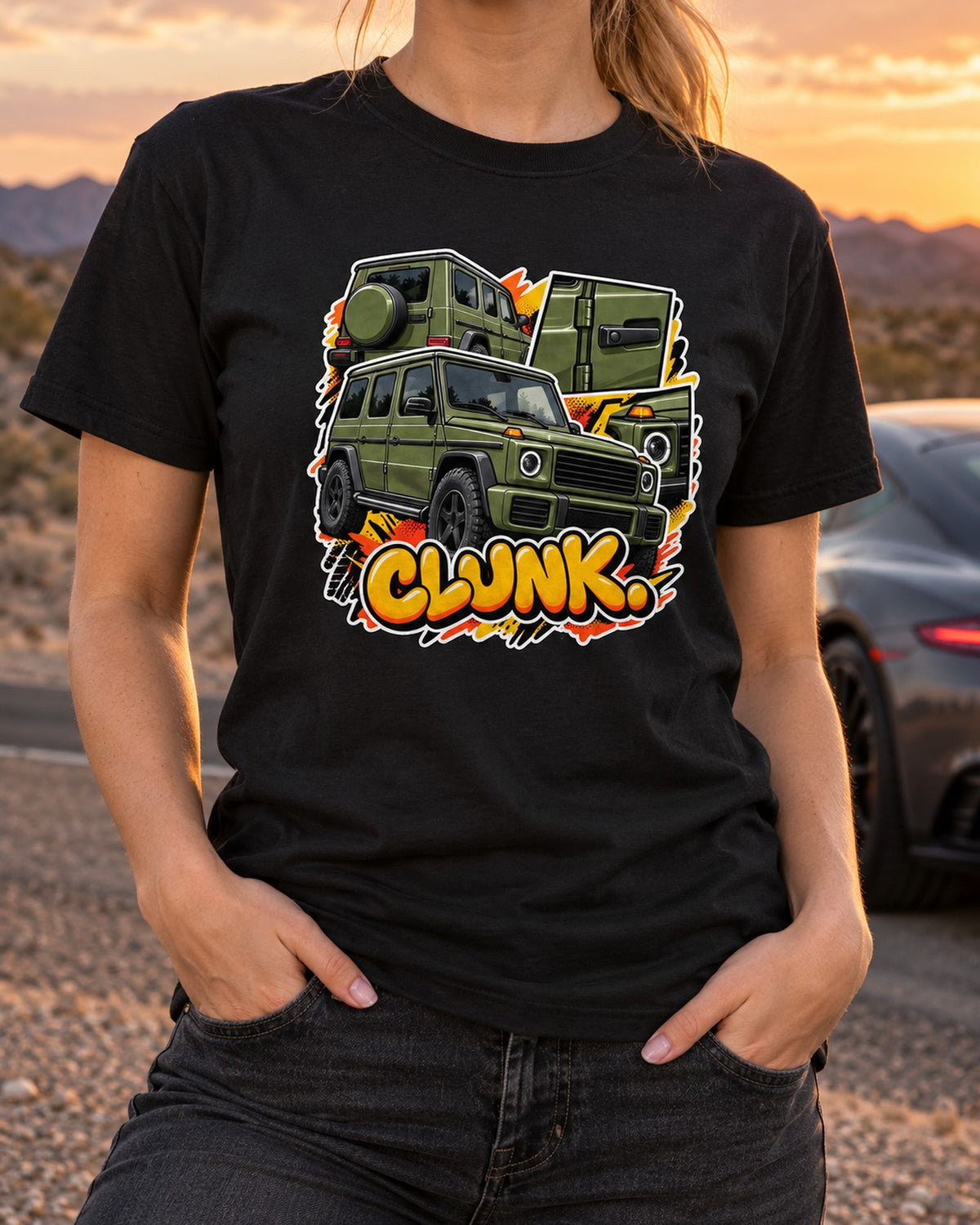 G63 W464 Round Headlights Square Everything Else Stencil Tee T-Shirt Black worn hero