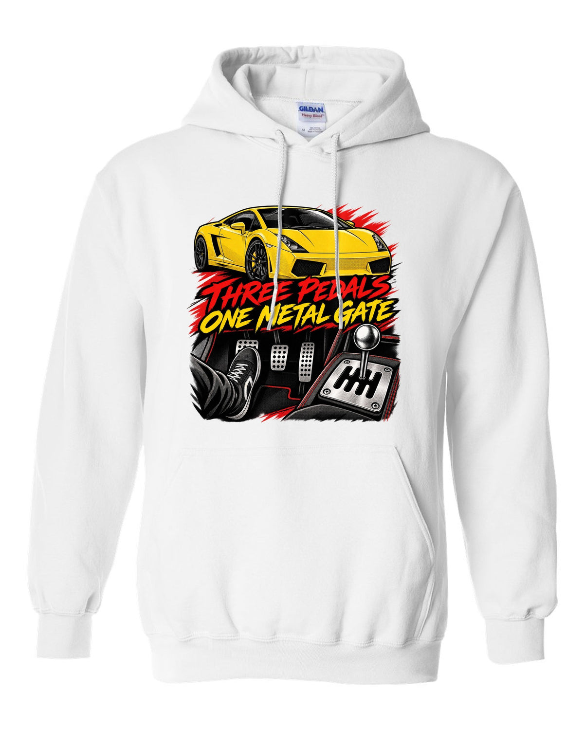 Retro black-ink manga panel of a Lamborghini Gallardo coupe with a gated six-speed manual shifter white pull over hoodie front view with the design