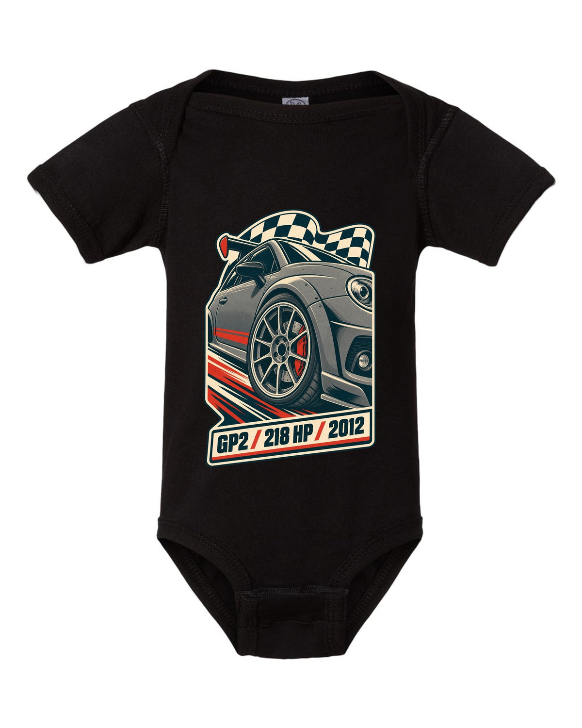 Vintage race poster of the Mini Cooper GP2 R56 with 218 HP and 2012 text black baby onesie front view with the design