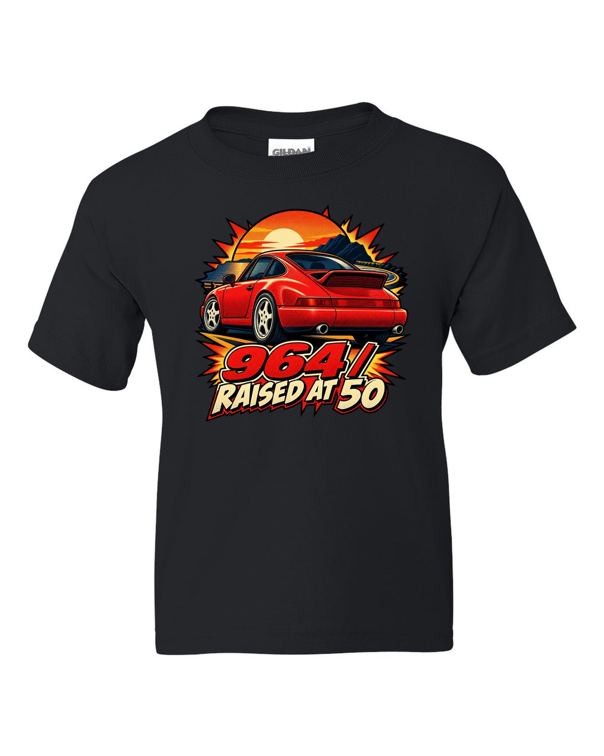 Comic dot-ink illustration of a Porsche 911 Carrera 964 with its spoiler raised black kids tee front view with the design