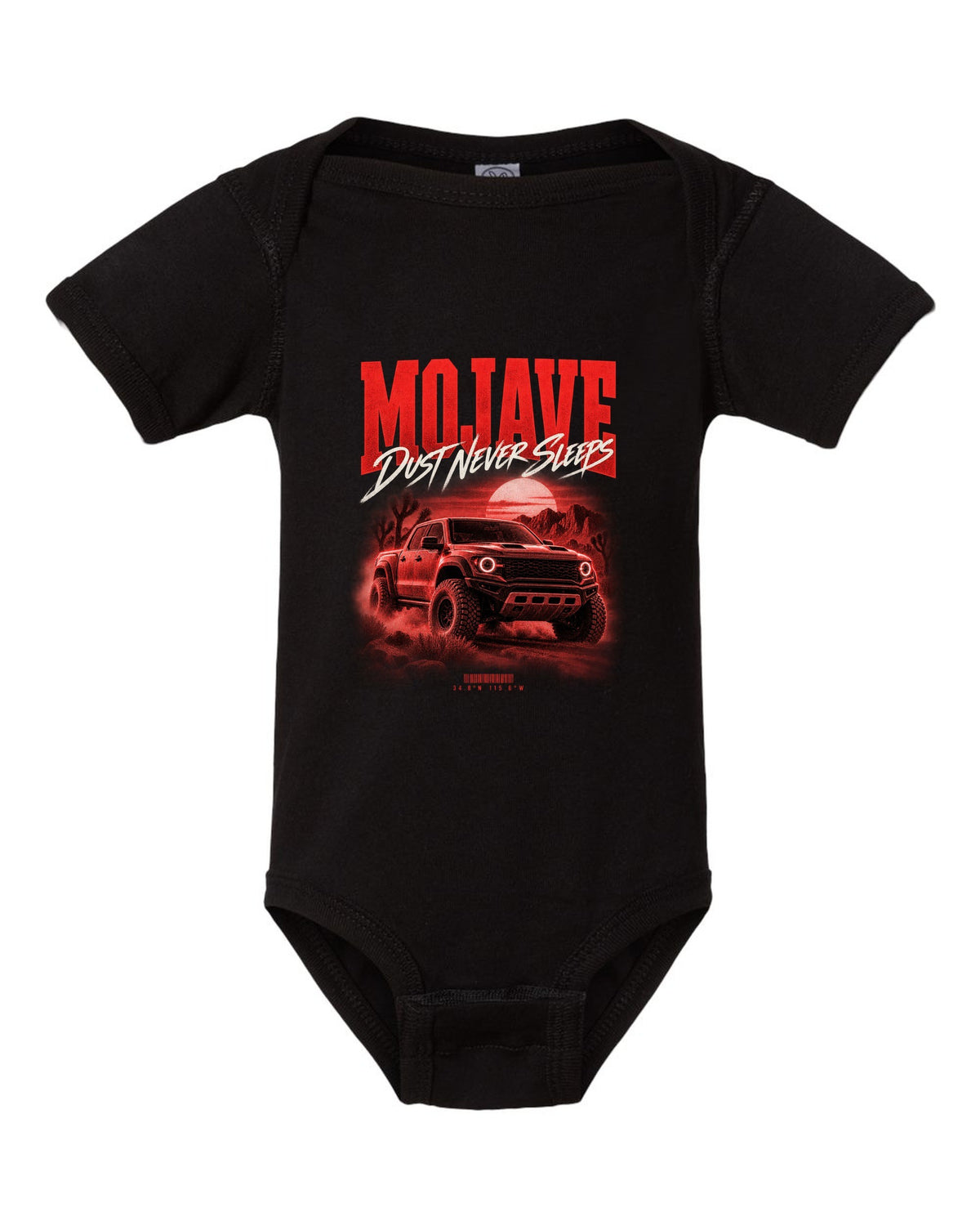 Jeep Gladiator JT Mojave street poster print with desert coordinates black baby onesie front view with the design