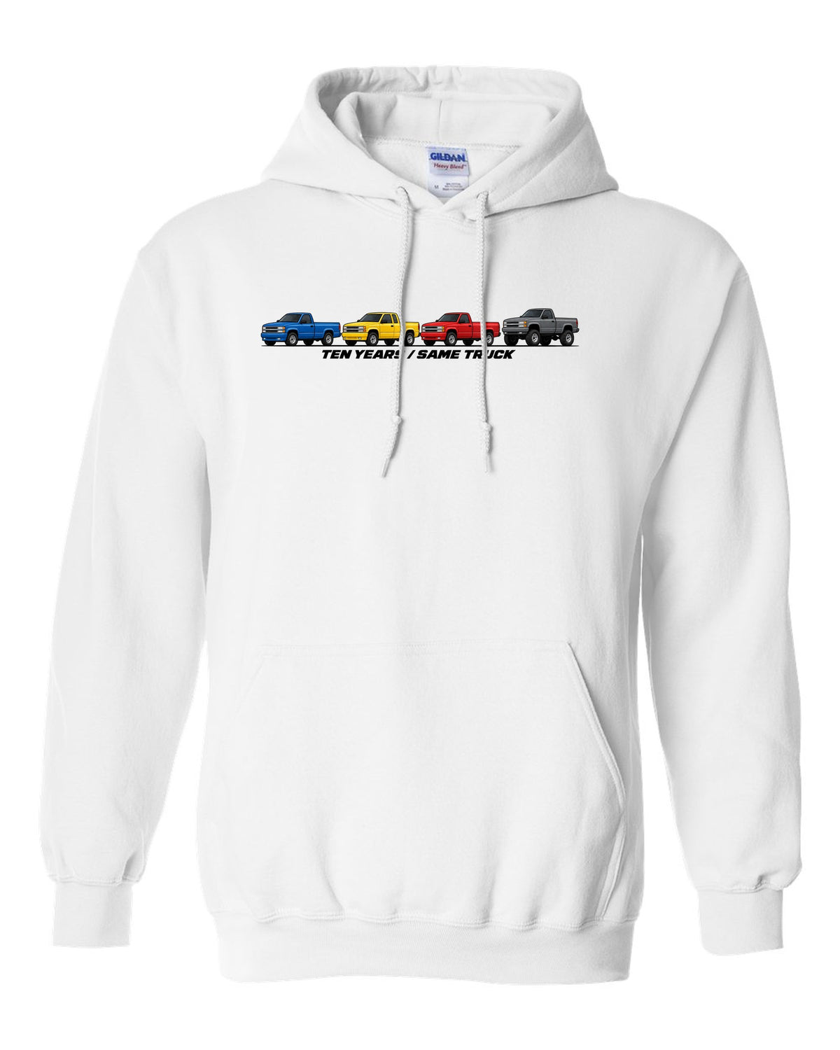 Generation lineup print of 1988-98 Chevrolet GMT400 C1500 K1500 OBS trucks with ten years same truck lettering white pull over hoodie front view with the design