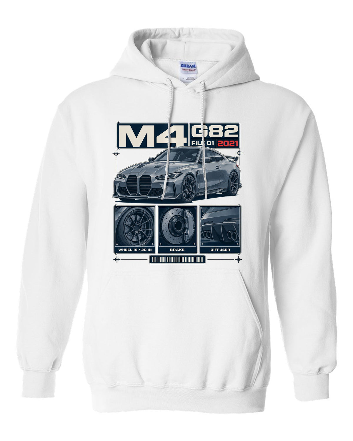 BMW M3 G80 dossier panels print with wheel, brake and diffuser details white pull over hoodie front view with the design