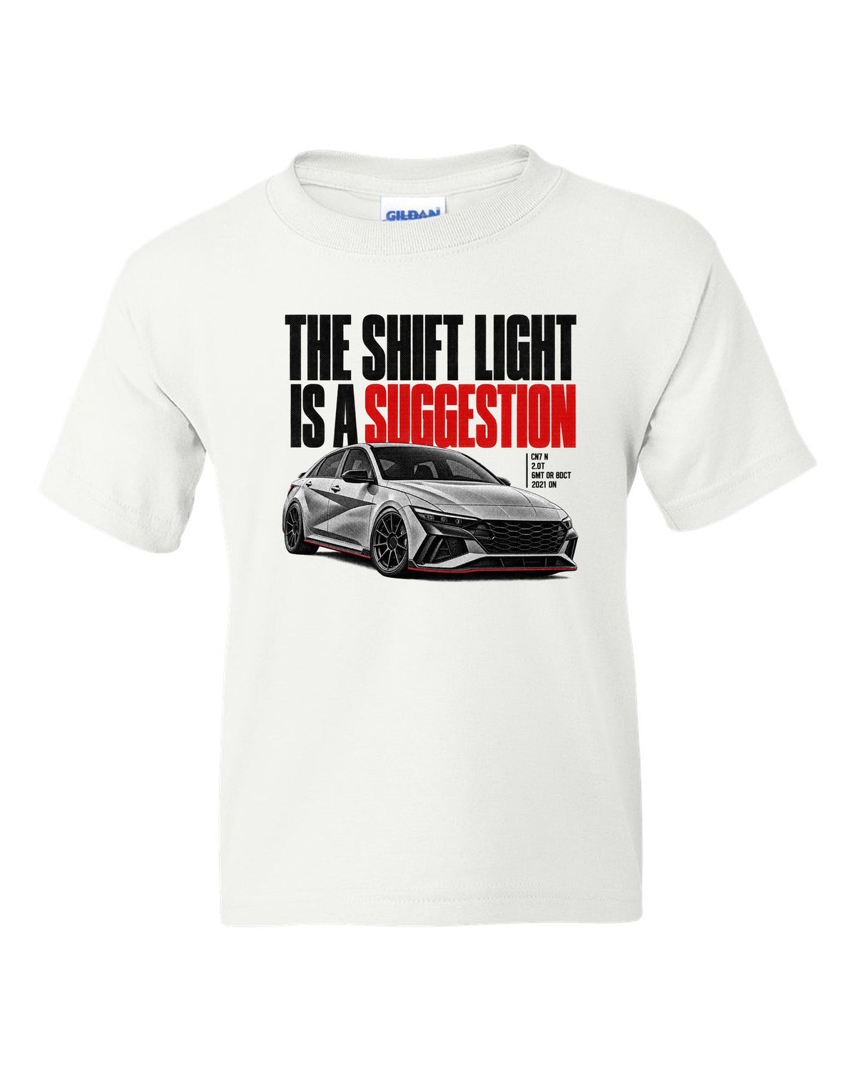 Halftone Hyundai Elantra N CN7 with the shift light is a suggestion text white kids tee front view with the design