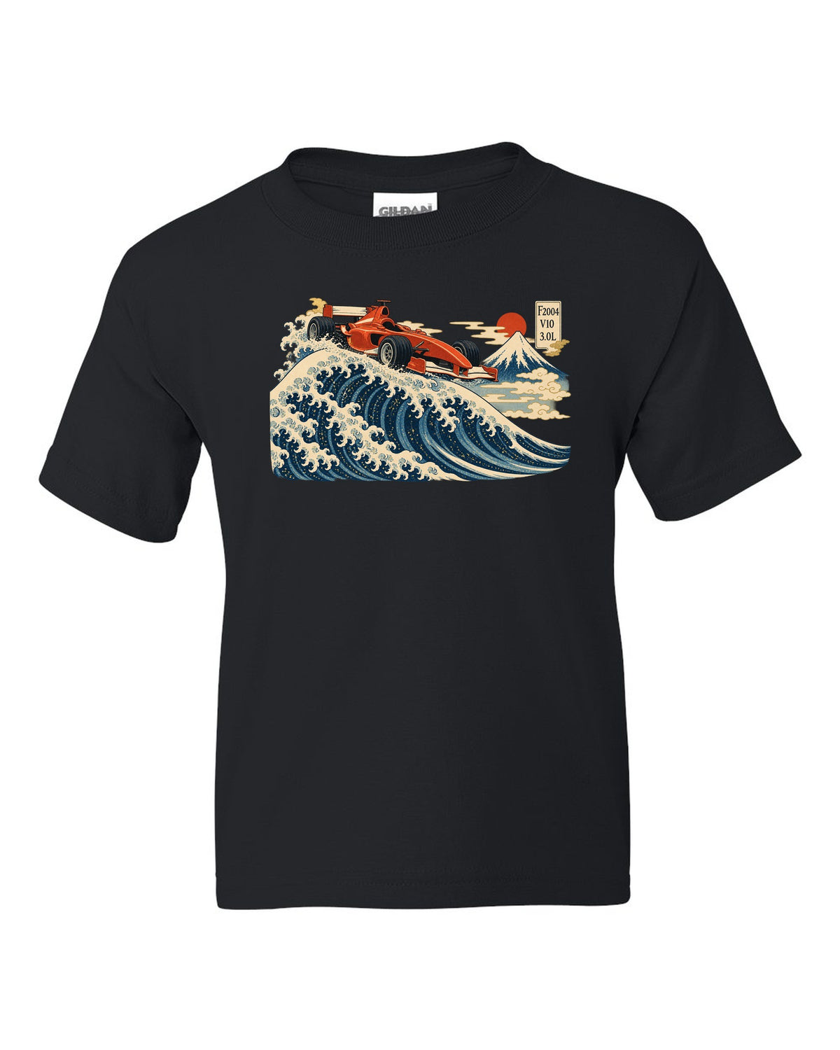 Woodblock print style Ferrari F2004 Formula 1 car in front of a wave with V10 lettering black kids tee front view with the design