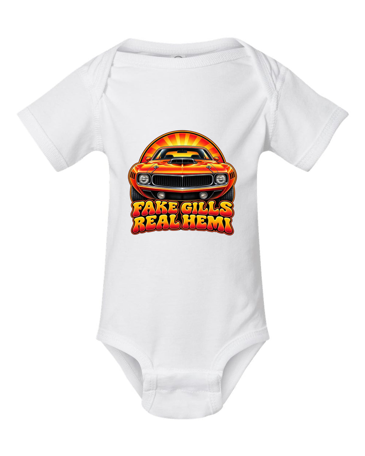 Retro 70s airbrush sunburst design with a 1970 Plymouth Hemi Cuda and fake gills real Hemi text white baby onesie front view with the design