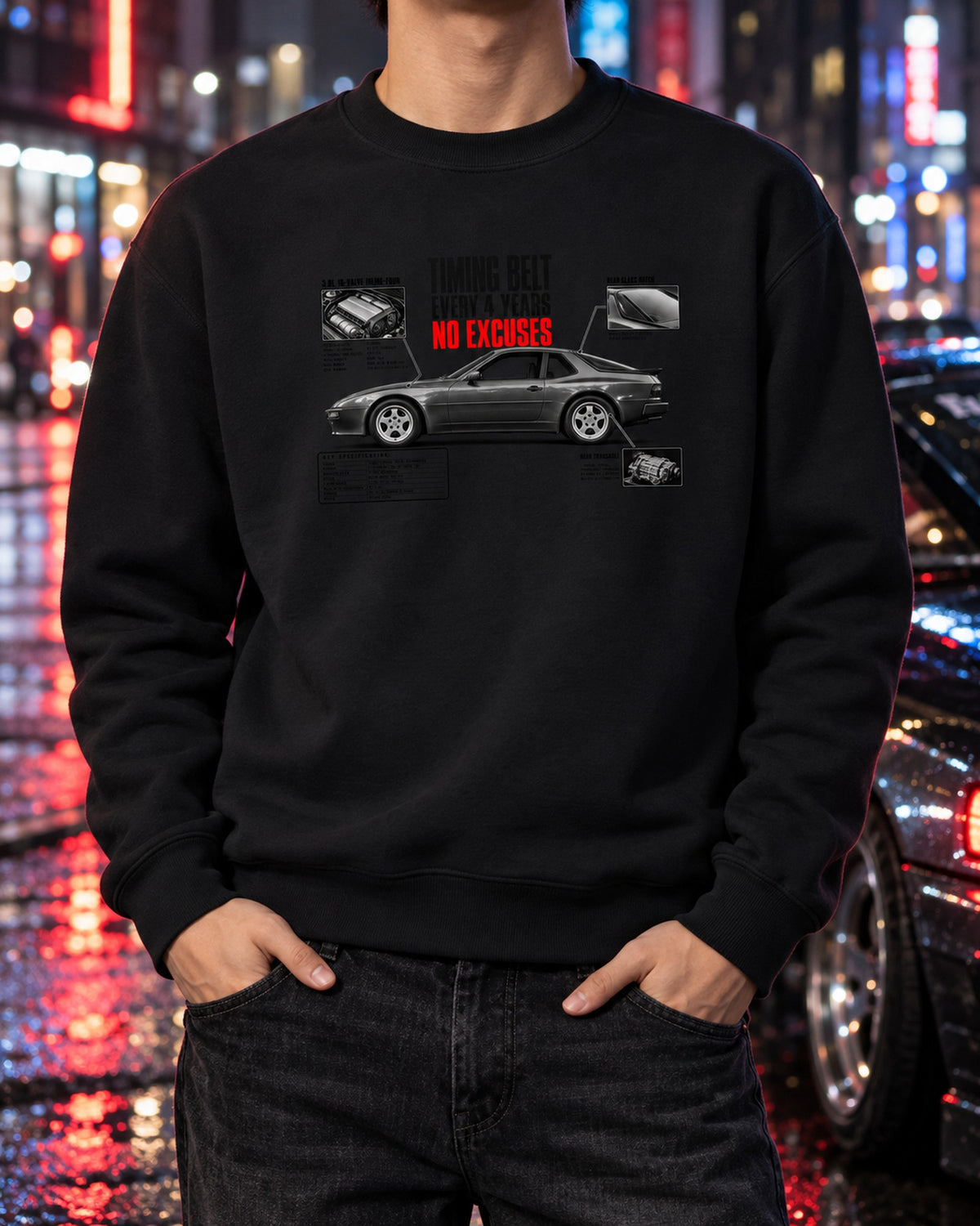 Porsche 944 S2 Timing Belt Spec Poster Shirt, Every 4 Years Crewneck Black worn hero