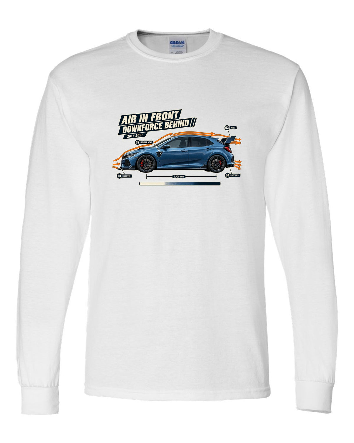print aero callout drawing of a Boost Blue Honda Civic Type R FK8 white long sleeve front view with the design
