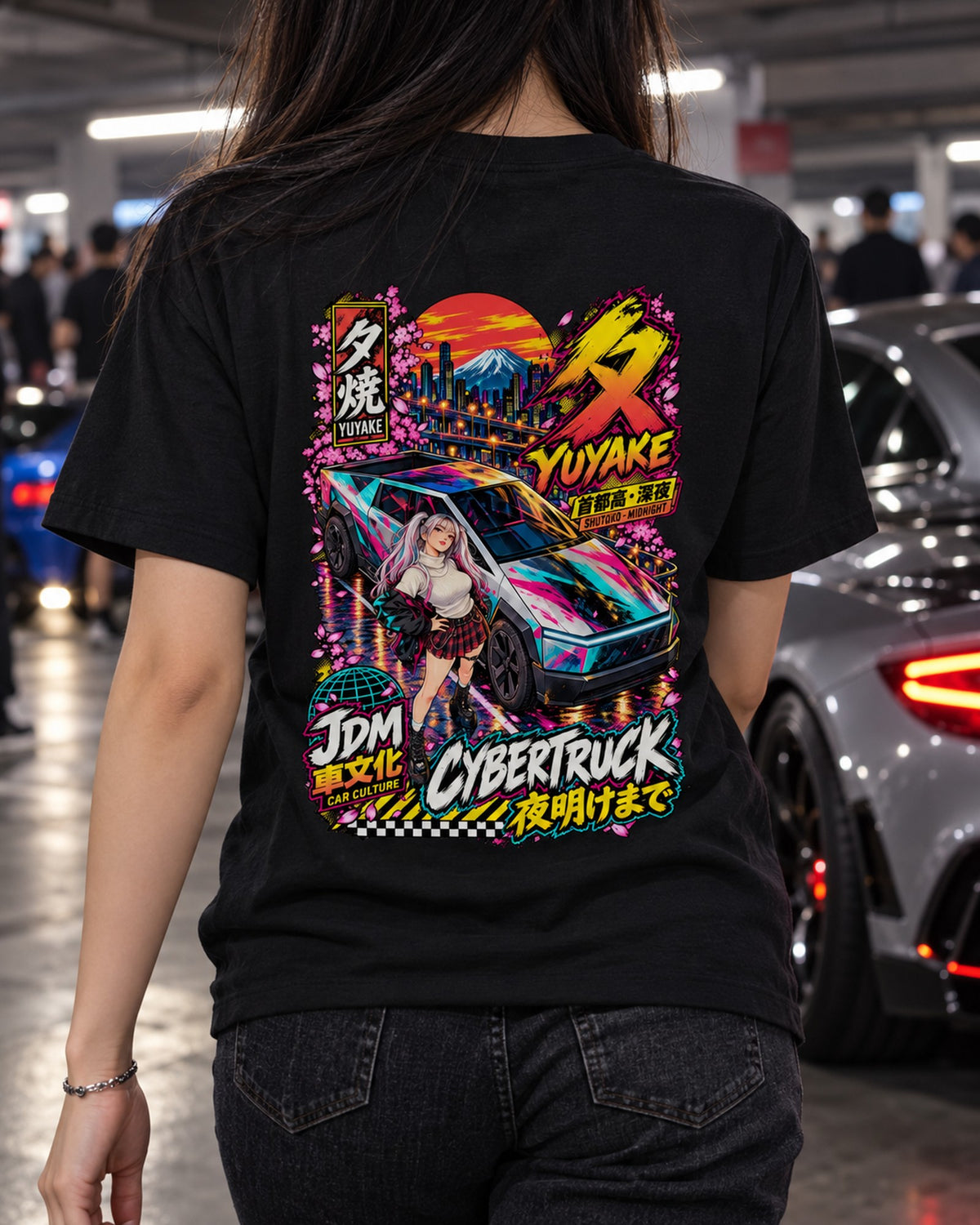 YUYAKE CYBERTRUCK Anime Girl Full-Back Graphic Tee T-Shirt Black worn hero