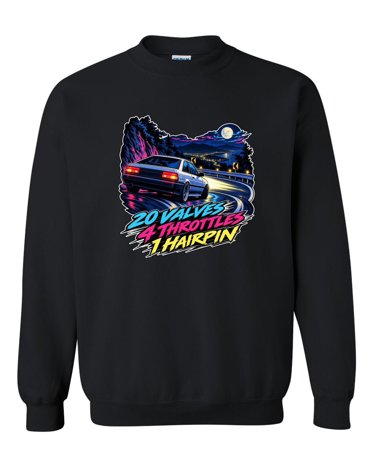 Cel-shaded 90s anime night touge scene of a Toyota Corolla AE101 with valves and throttles lettering black crewneck front view with the design