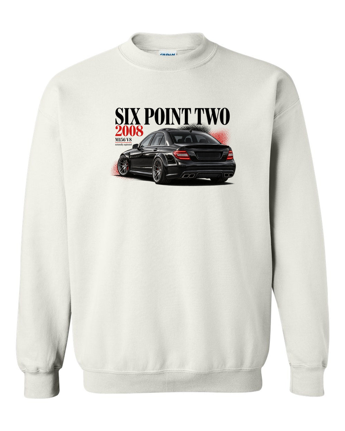 print editorial headline of a 2008 Mercedes C63 AMG W204 sedan with text Six Point Two 2008 white crewneck front view with the design