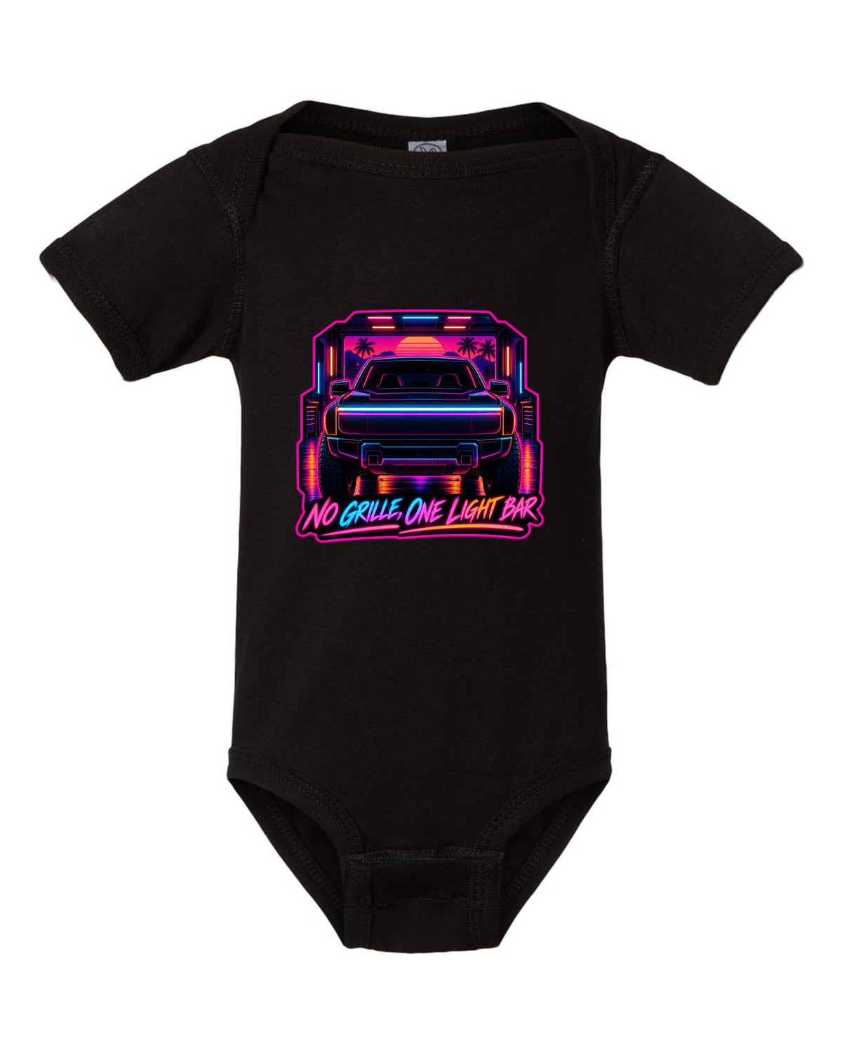 Ford F-150 Lightning neon synthwave glow print with no grille and one light bar text black baby onesie front view with the design